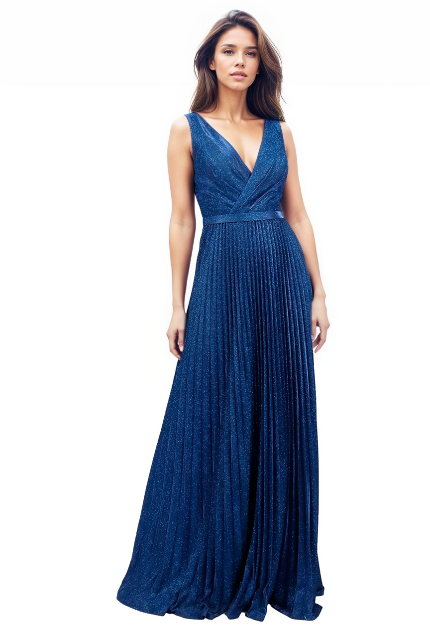 V Neck Pleated Evening Formal Gown Gown Rene Ruiz Collection 2 Navy
