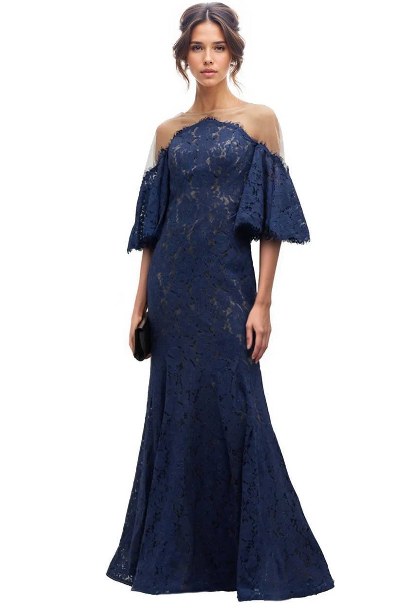 Puff Sleeve Lace Fit and Flare Gown Gown Rene Ruiz Collection 2 Blue
