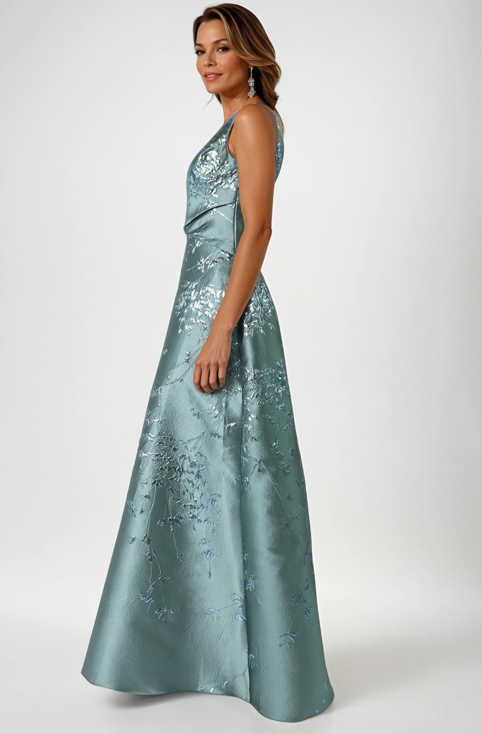 One Shoulder Brocade Metallic Floral A-Line Gown Gown Rene Ruiz Collection