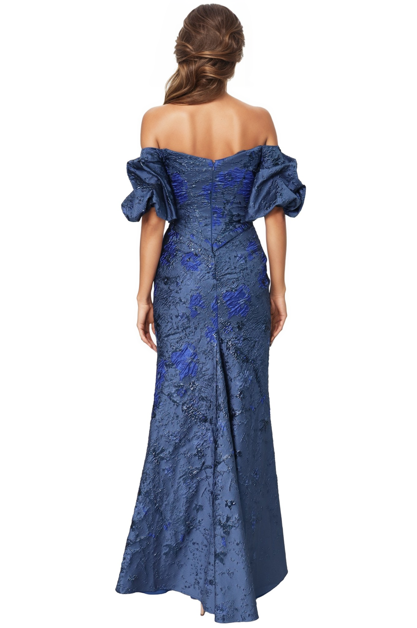 Off The Shoulder Gathered Puff Sleeve Brocade Gown with Notched Neckline Gown Rene Ruiz Collection