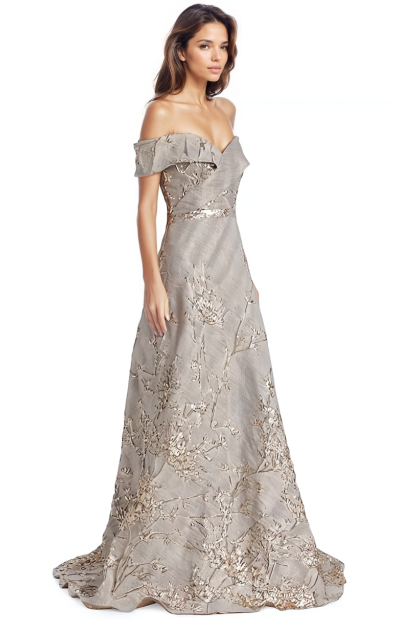 Off the Shoulder Brocade A-line Gown Gown Rene Ruiz Collection