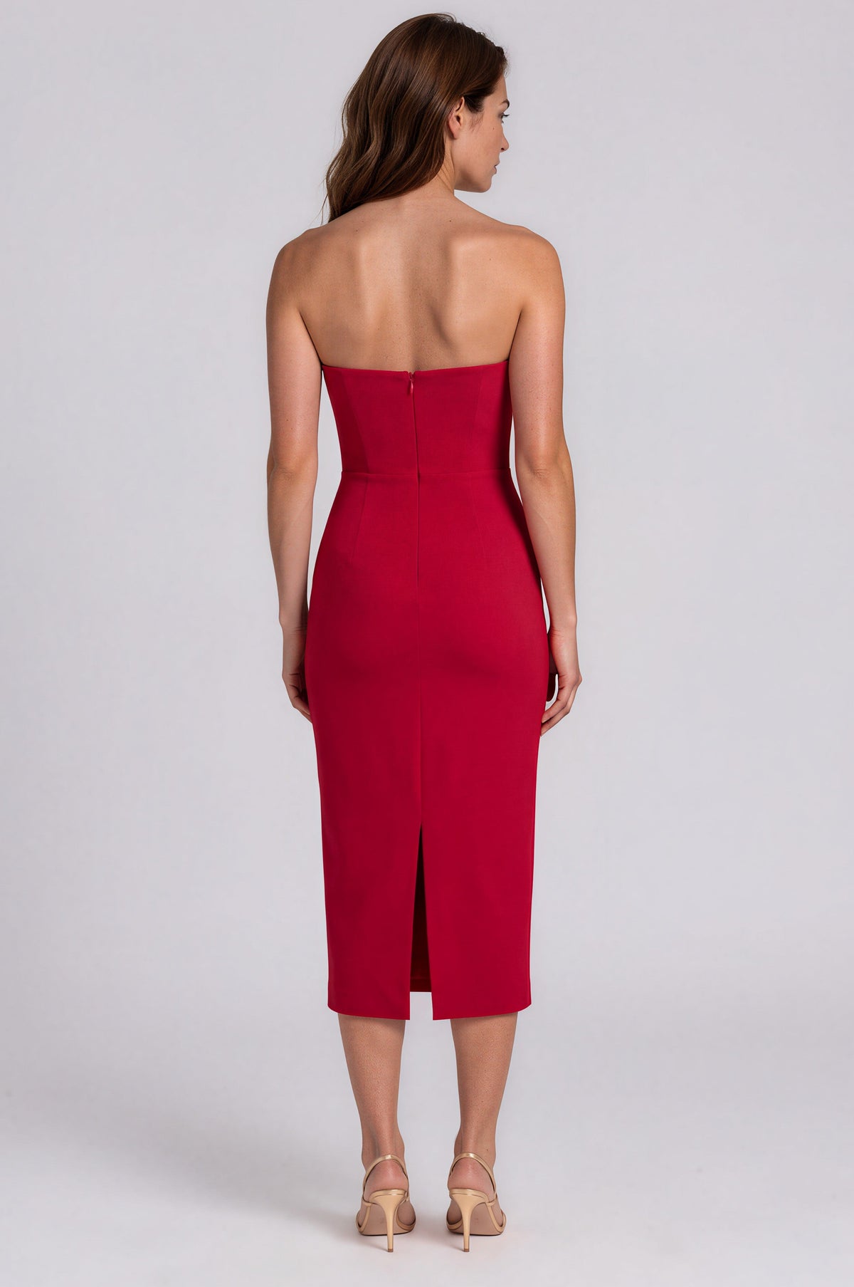 Strapless Crepe Column Cocktail Dress with Embroidered Appliqués