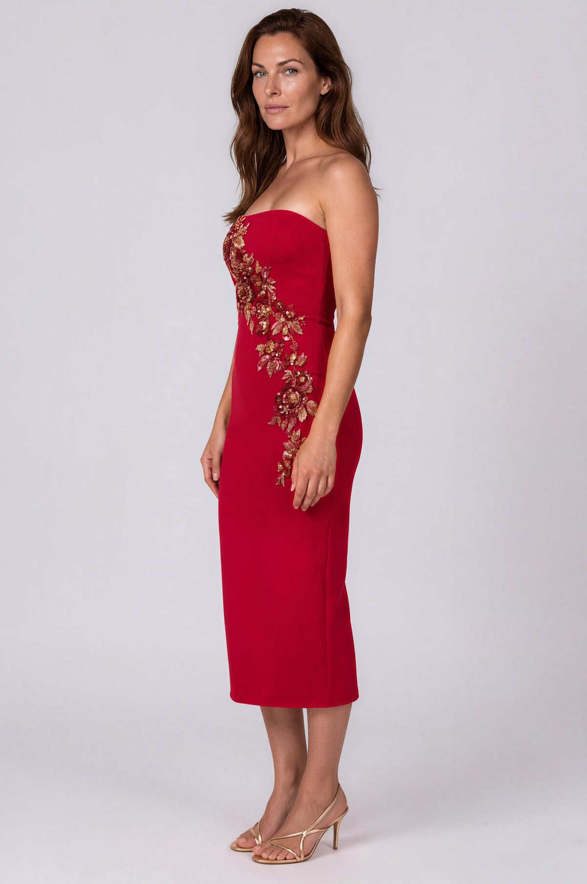 Strapless Crepe Column Cocktail Dress with Embroidered Appliqués