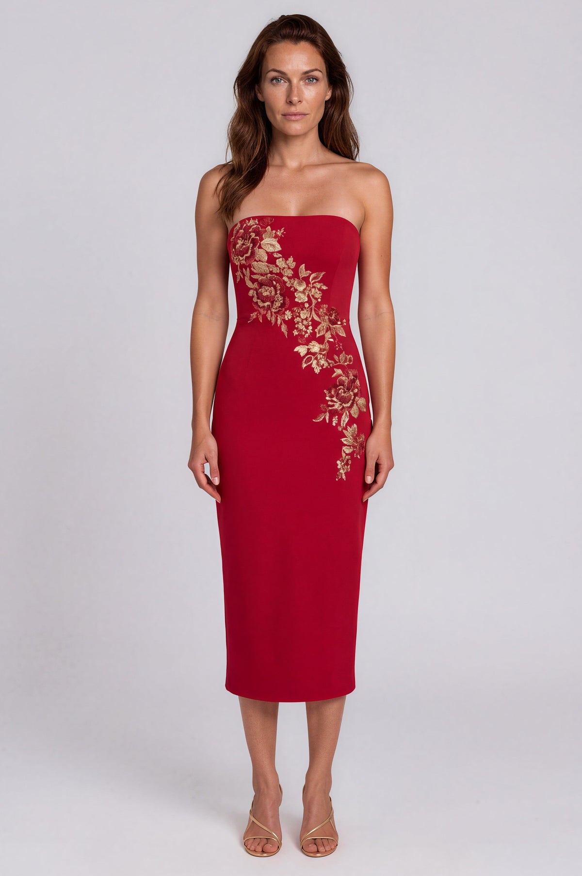 Strapless Crepe Column Cocktail Dress with Embroidered Appliqués