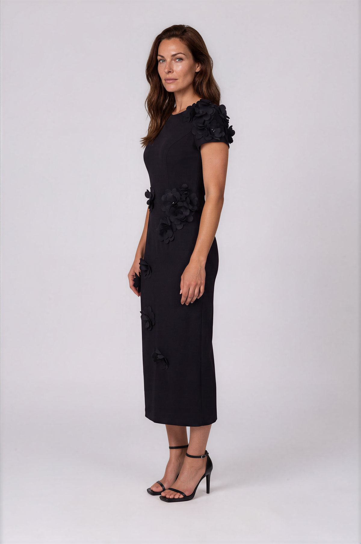 High Neck Stretch Crepe Fit and Flare Cocktail Dress with Floral Appliqués Cocktail Rene Ruiz Collection