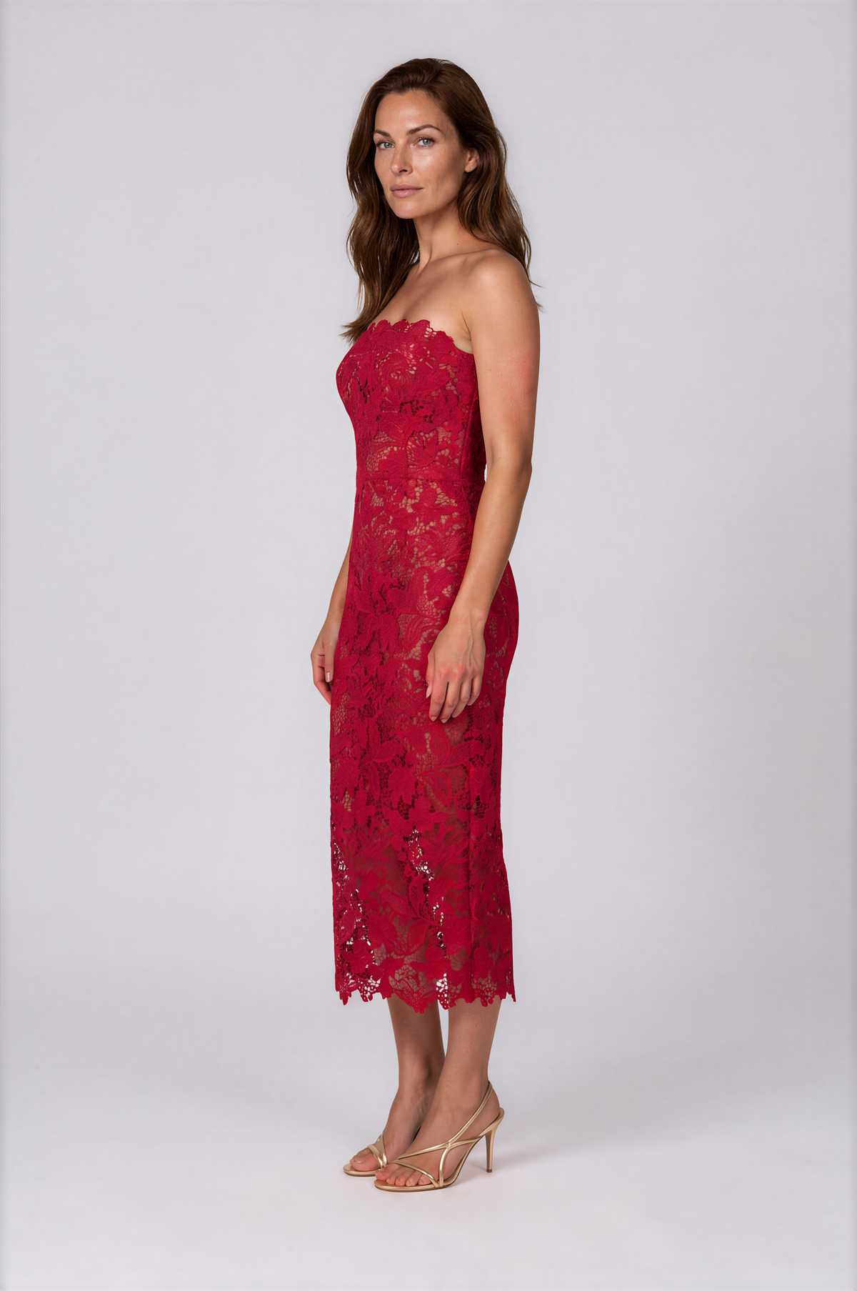 Strapless Guipure Lace Column Midi Dress with Scalloped Hem Cocktail Rene Ruiz Collection