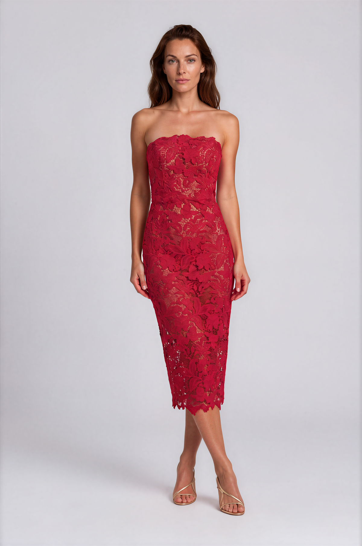 Strapless Guipure Lace Column Midi Dress with Scalloped Hem Cocktail Rene Ruiz Collection