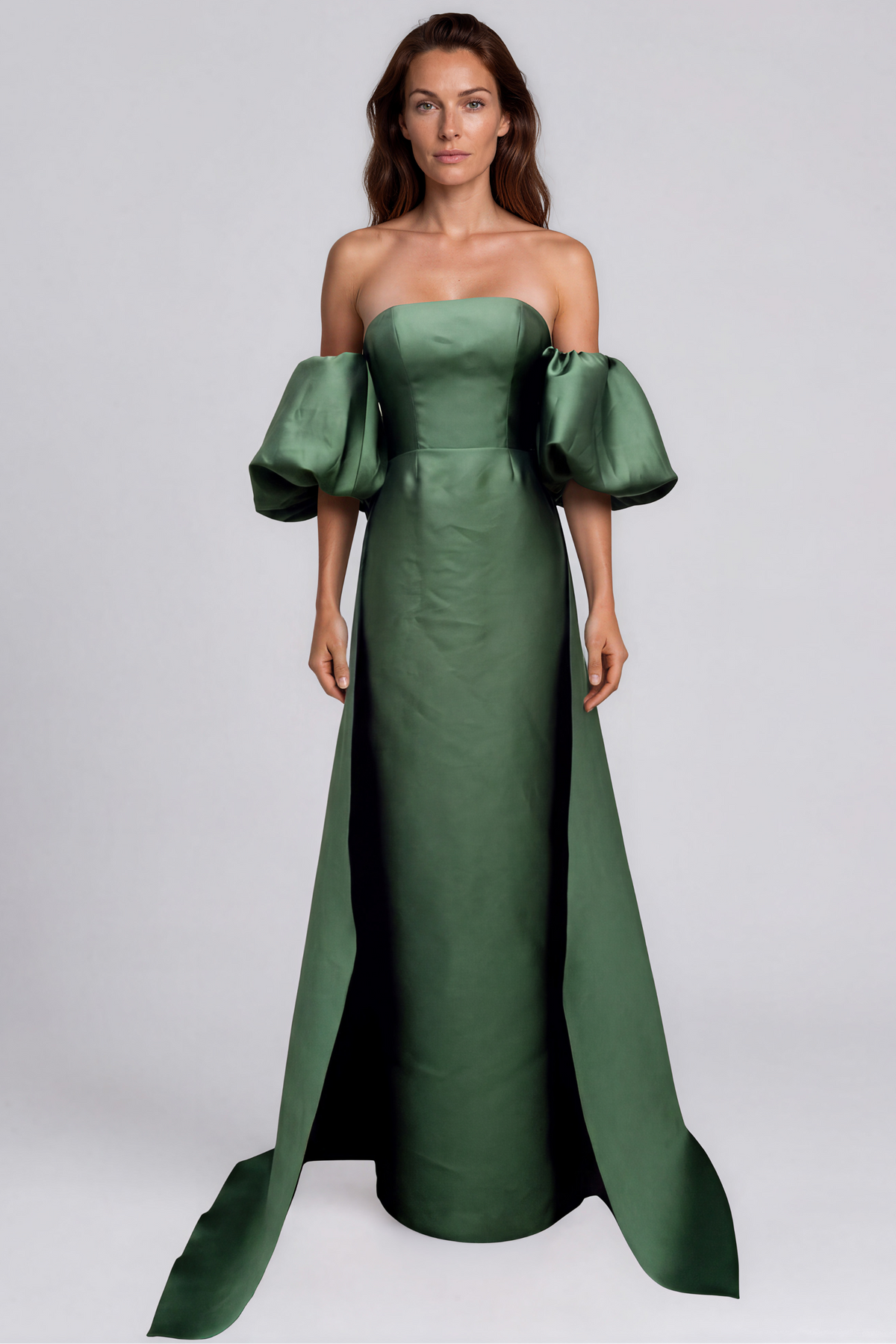 Off The Shoulder Mikado Puff Sleeve Column Gown with Back Train Panel Gown Rene Ruiz Collection