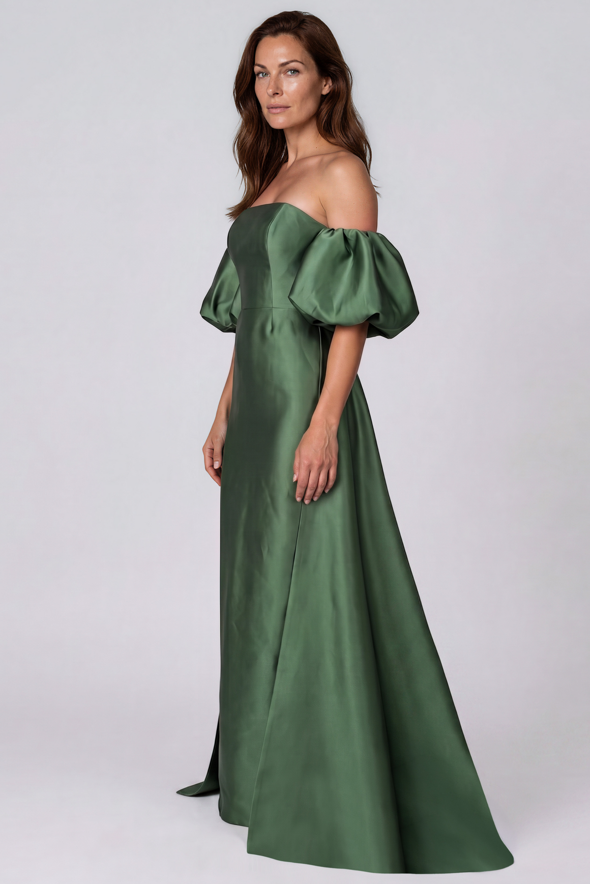 Off The Shoulder Mikado Puff Sleeve Column Gown with Back Train Panel Gown Rene Ruiz Collection