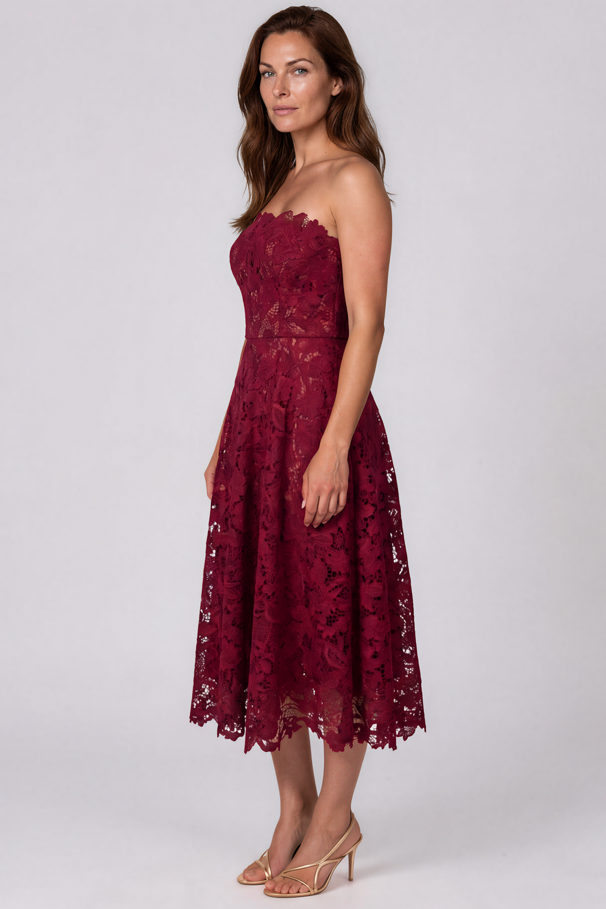 Strapless Guipure Lace A-Line Midi Cocktail Cocktail Rene Ruiz Collection
