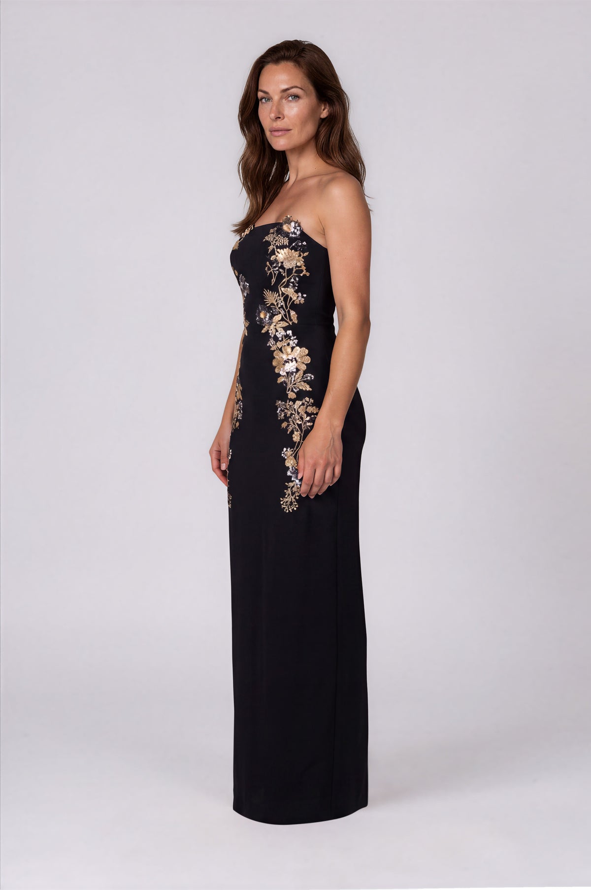 Strapless Crepe Column Gown with Metallic Floral Embroidered Appliqués Gown Rene Ruiz Collection