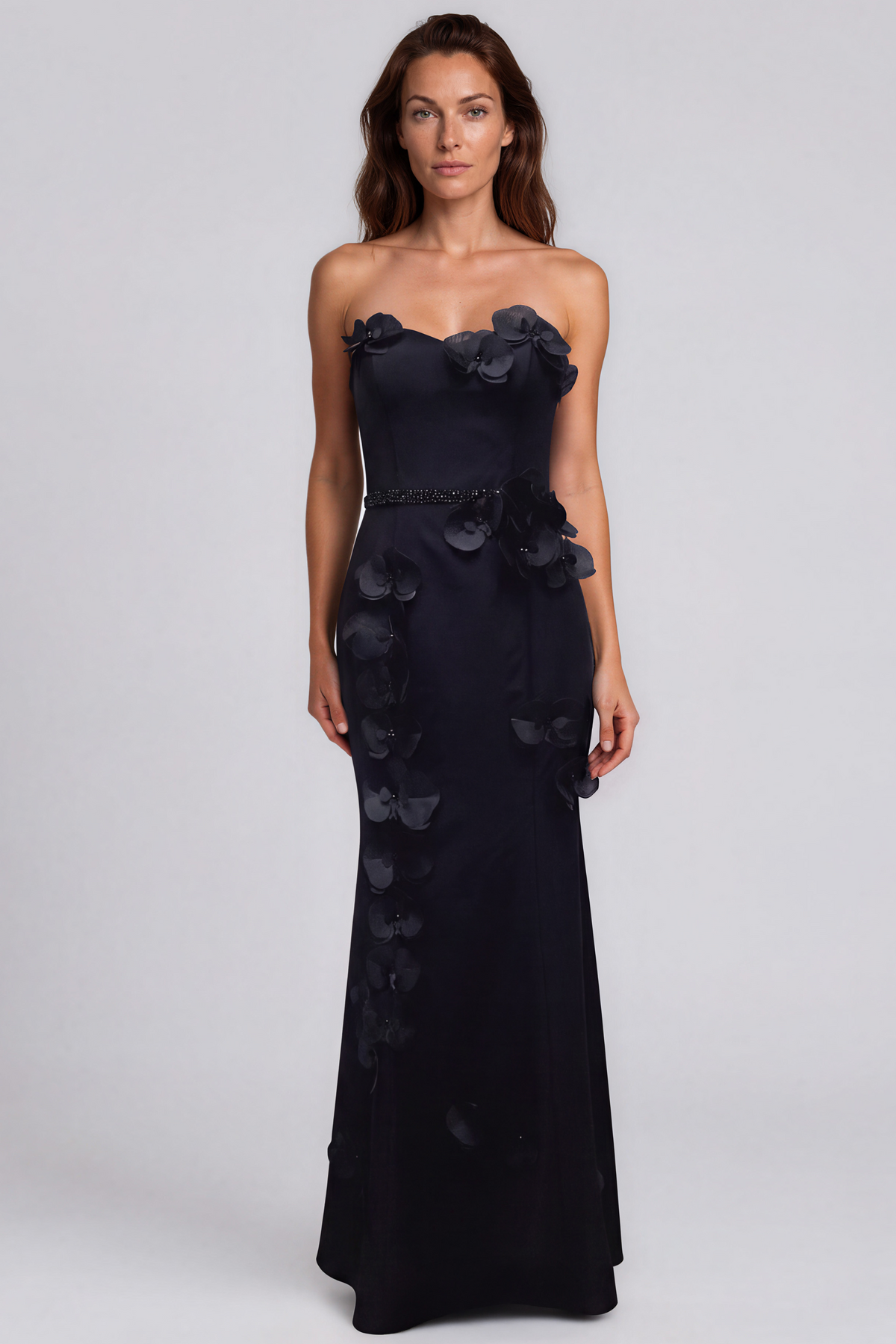 Strapless Crepe Mermaid Gown with 3D Floral Appliqués Gown Rene Ruiz Collection