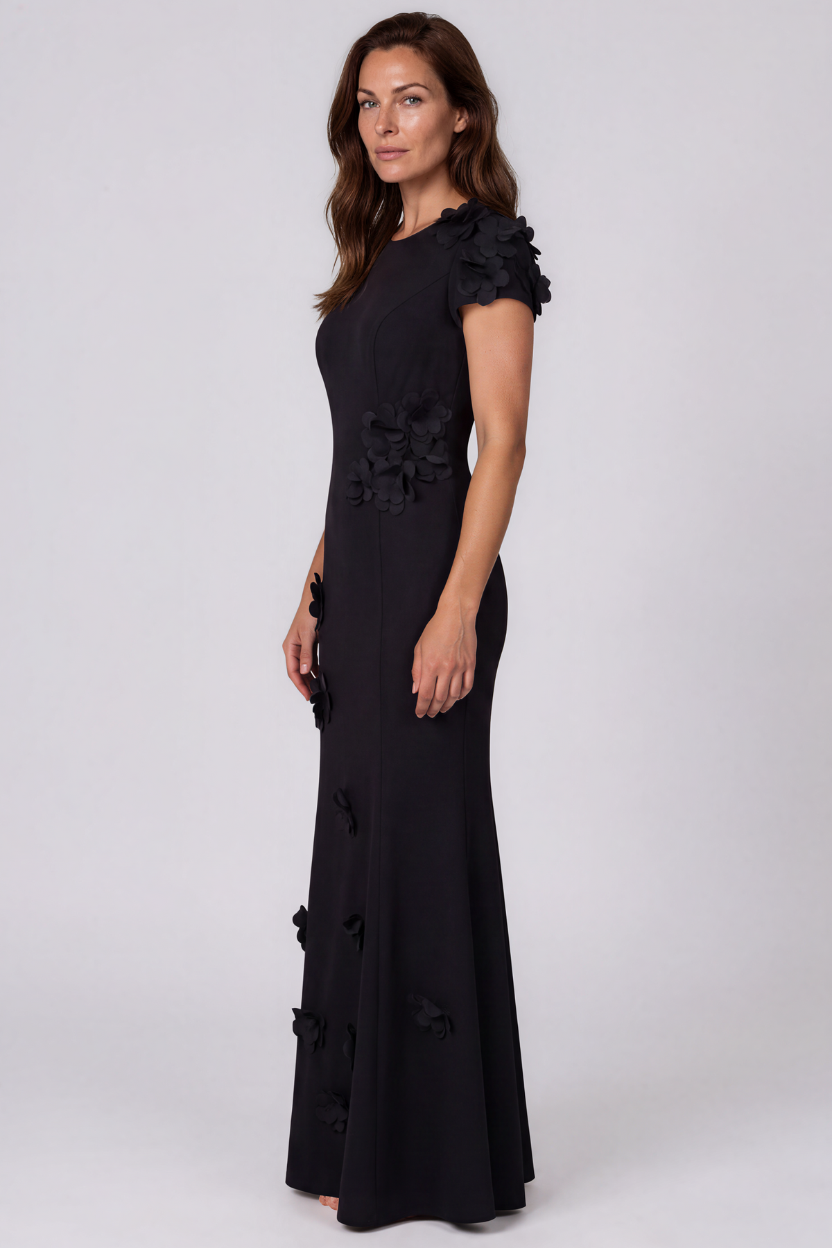 High Neck Stretch Crepe Fit And Flare Gown with Sequin Appliqués Gown Rene Ruiz Collection