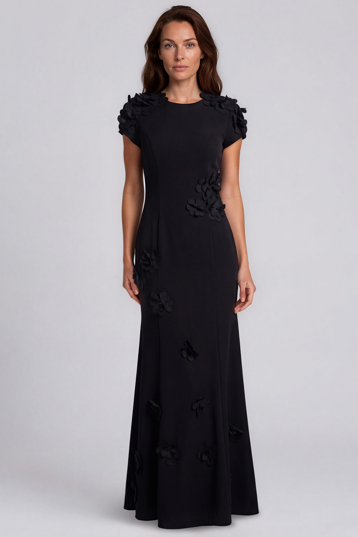 High Neck Stretch Crepe Fit And Flare Gown with Sequin Appliqués Gown Rene Ruiz Collection