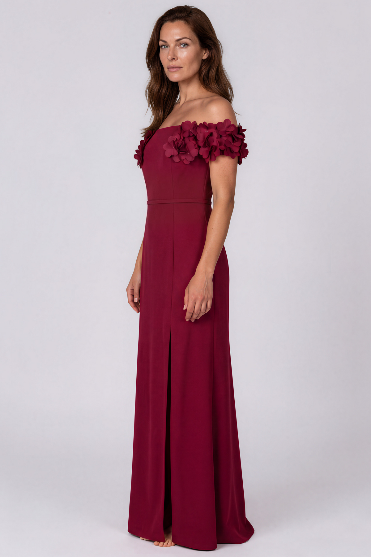 Off The Shoulder Crepe Fit and Flare Gown with Front Slit & 3D Floral Appliqués Gown Rene Ruiz Collection