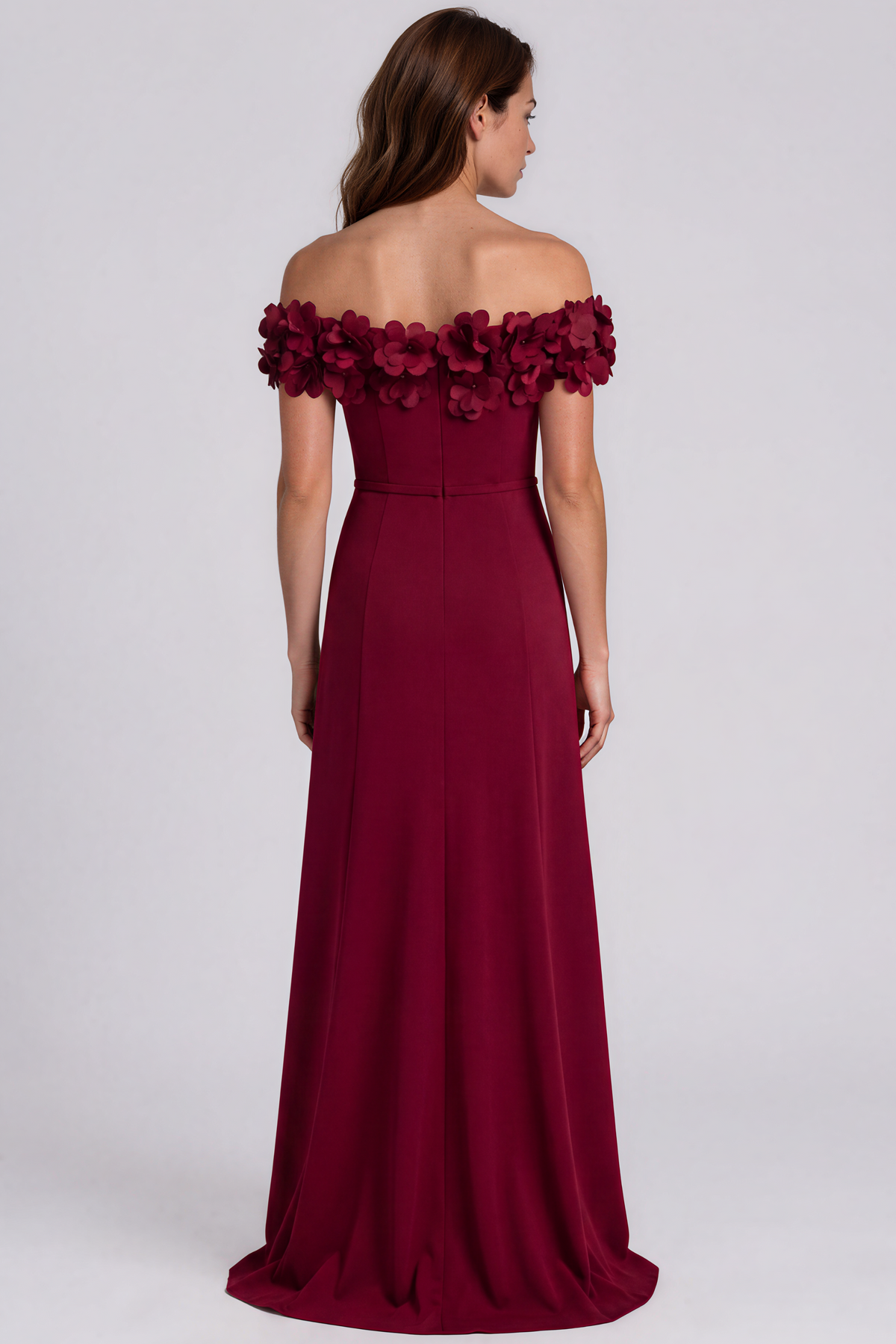Off The Shoulder Crepe Fit and Flare Gown with Front Slit & 3D Floral Appliqués Gown Rene Ruiz Collection