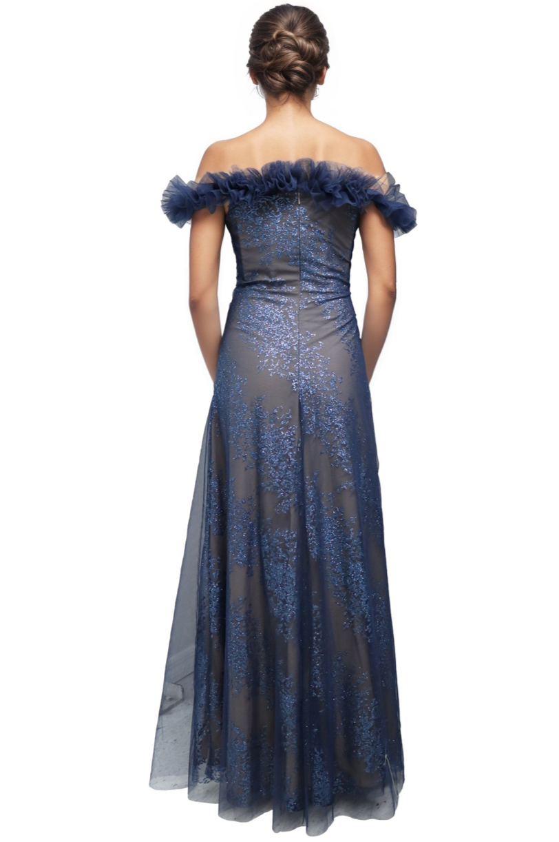 Off The Shoulder Ruffled Fit and Flare Gown Gown Rene Ruiz Collection