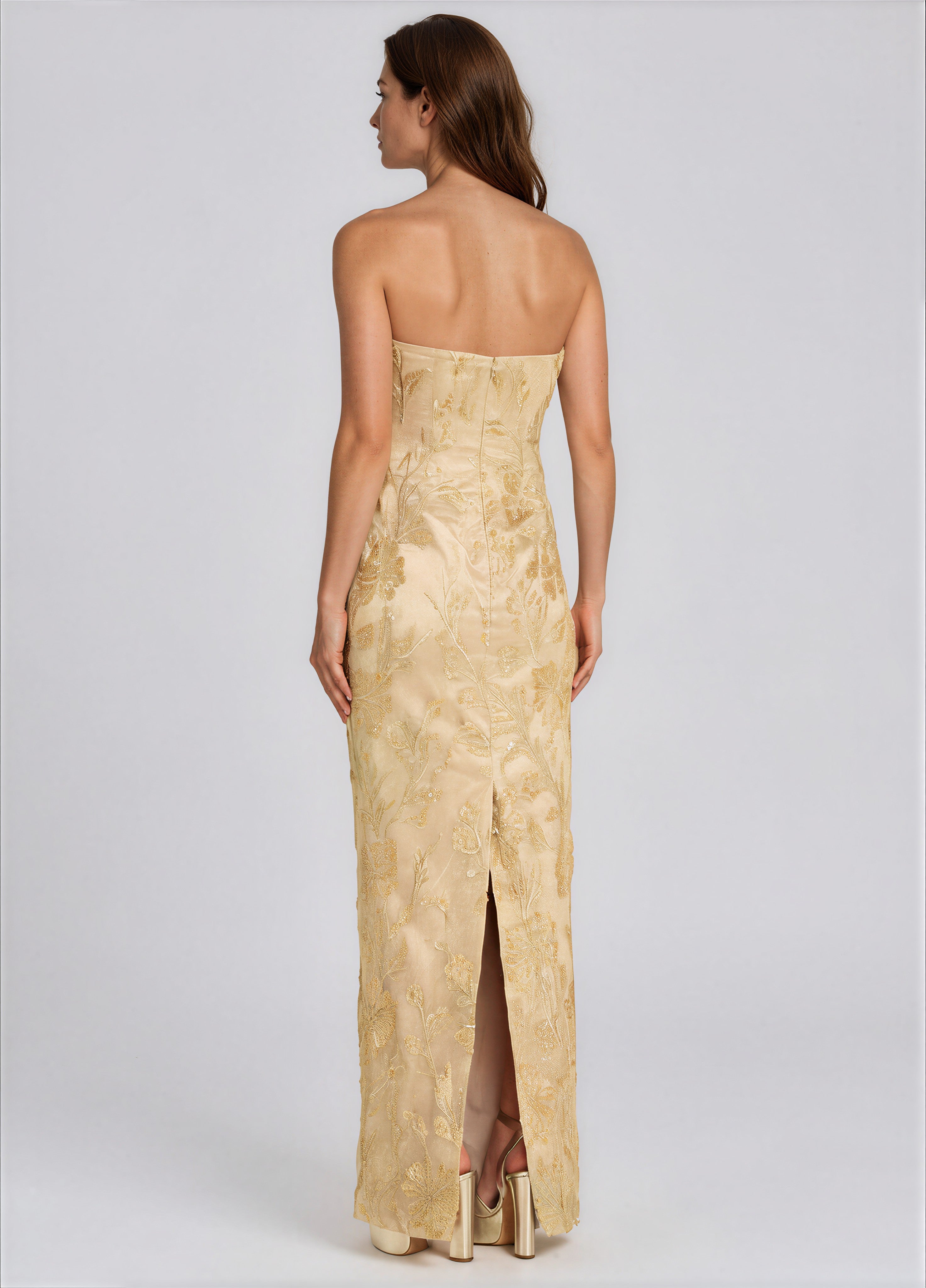 Embellished Floral Strapless Column Gown