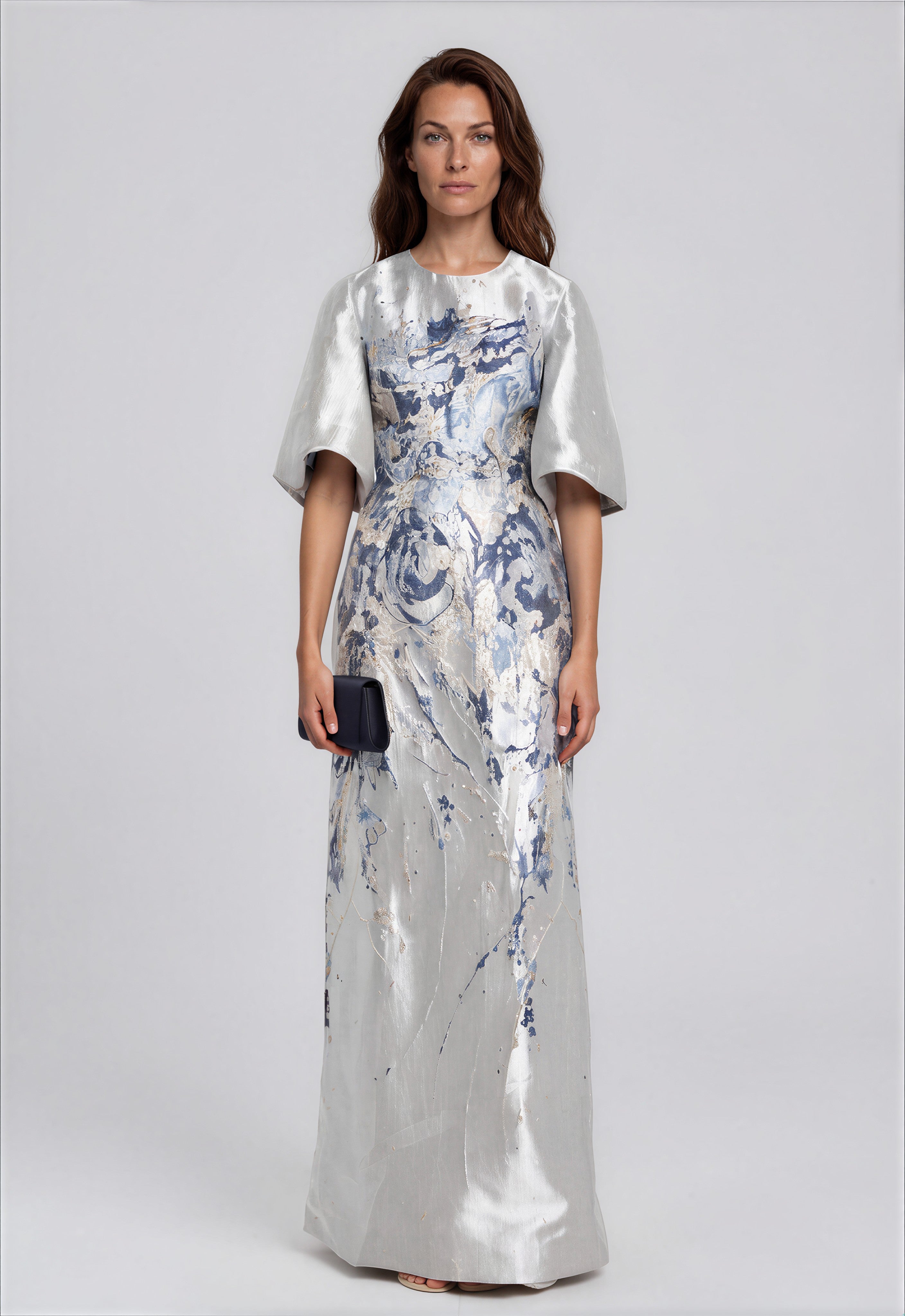 Metallic Brocade Puff-Sleeve Column Gown Gown Rene Ruiz Collection