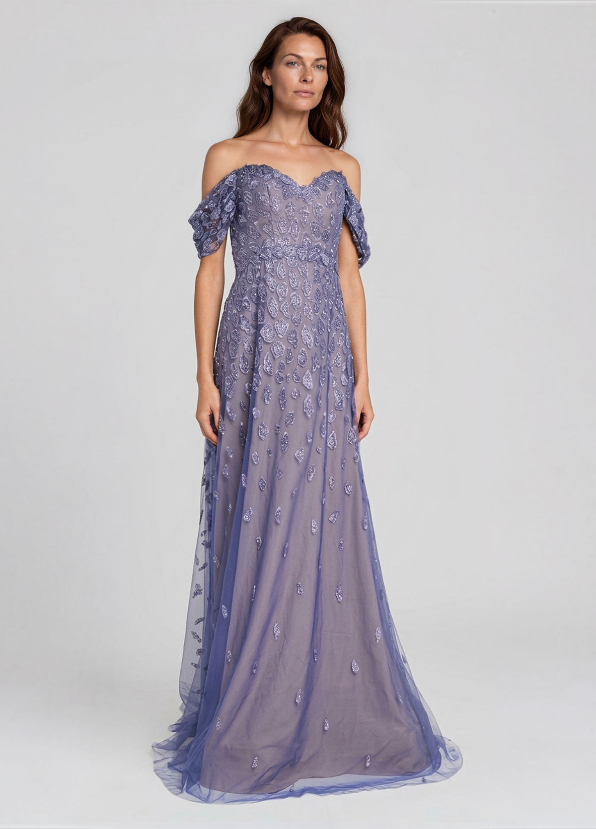 Off The Shoulder Sequin Embroidered A-Line Gown Gown Rene Ruiz Collection