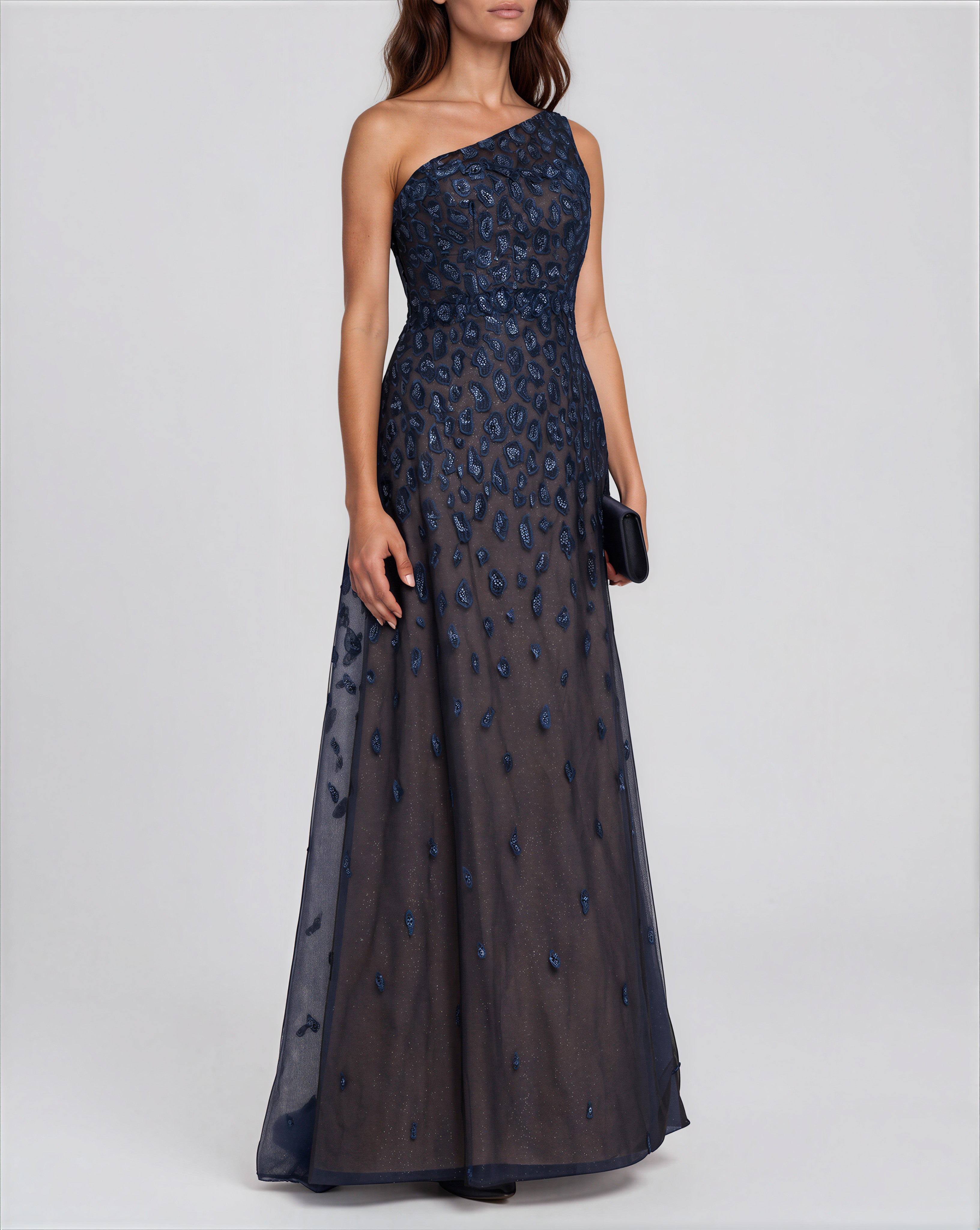 Metallic Embroidered One-Shoulder Gown
