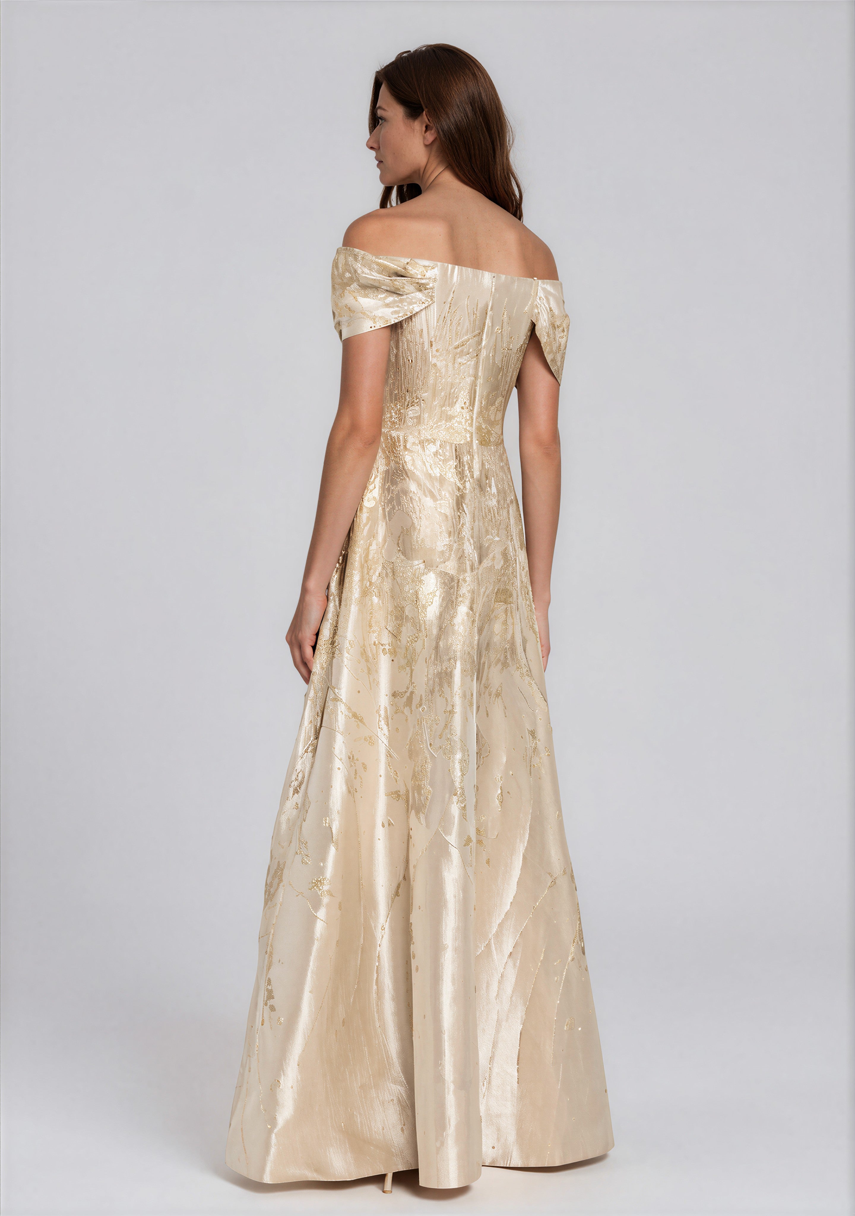 Off-Shoulder Metallic Jacquard Gown