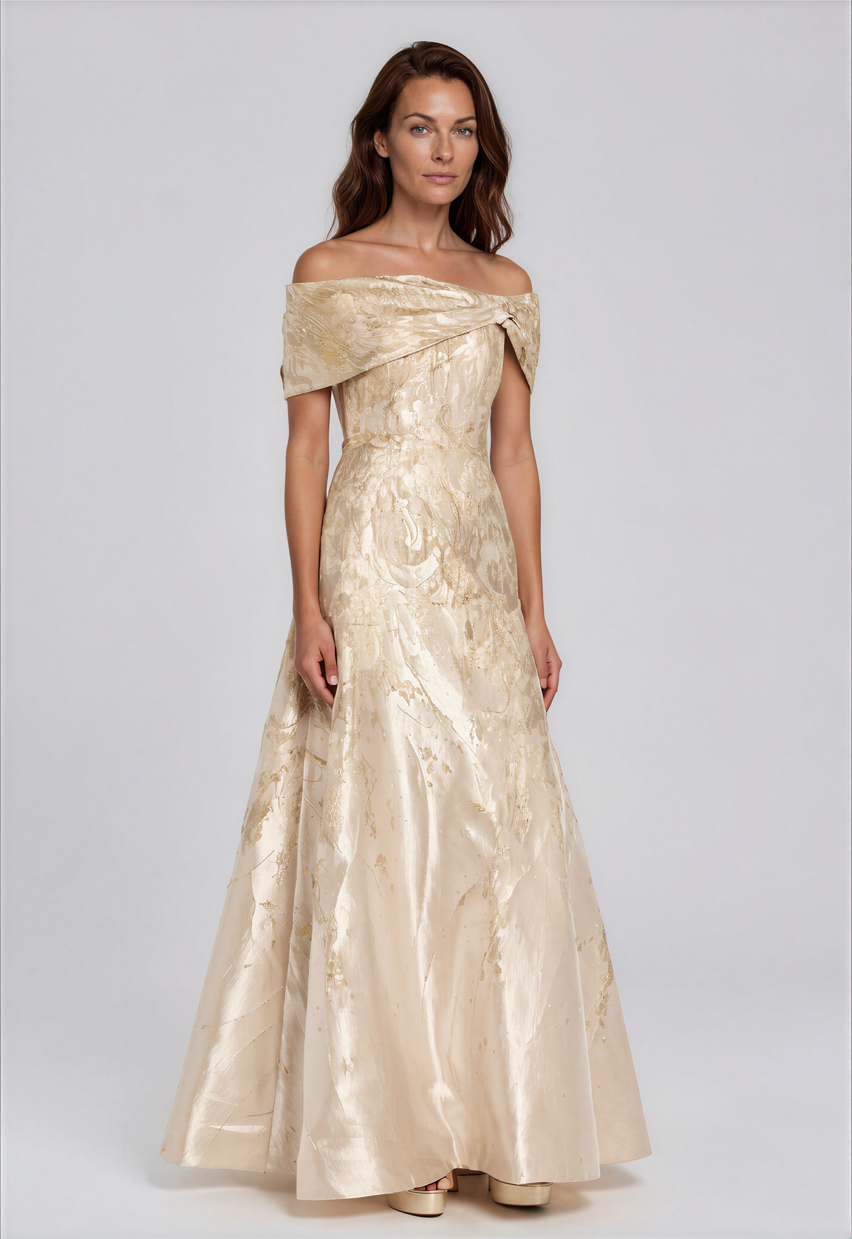 Off-Shoulder Metallic Jacquard Gown