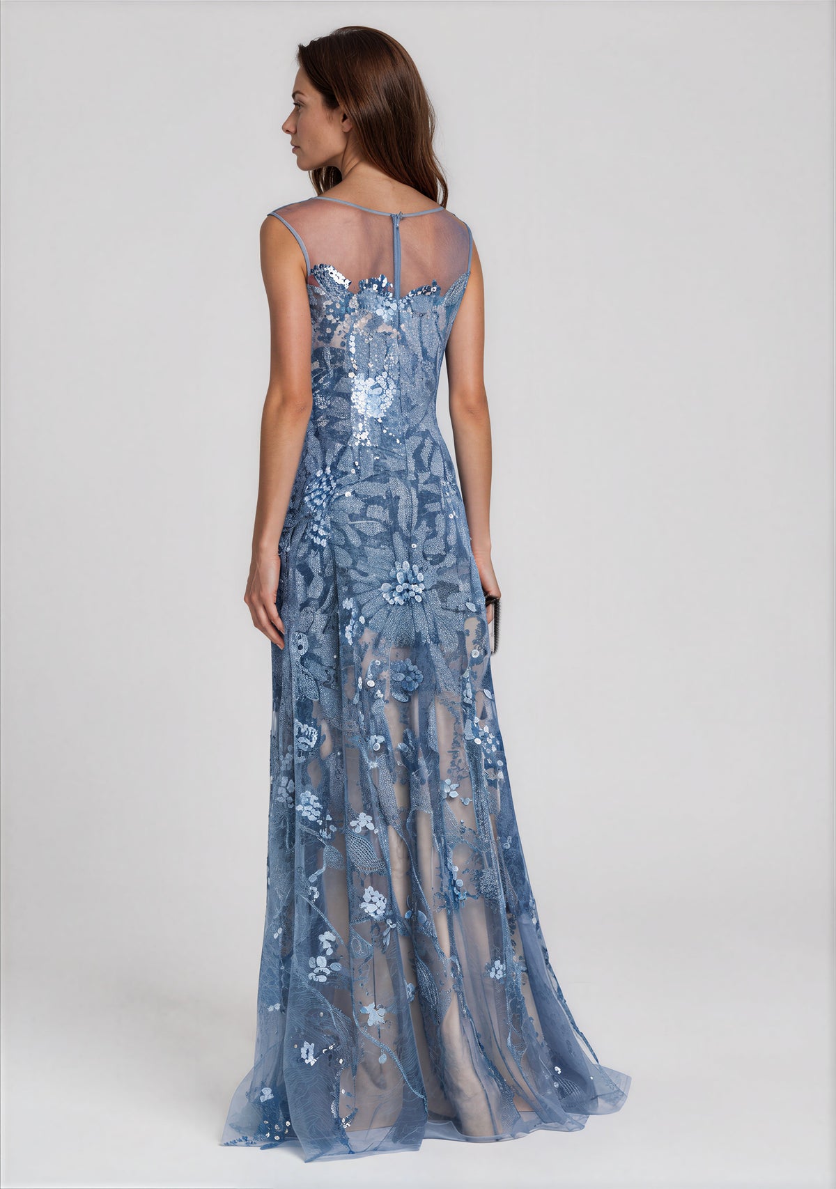 Illusion Neck Embroidered Sequin Fit and Flare Gown Gown Rene Ruiz Collection