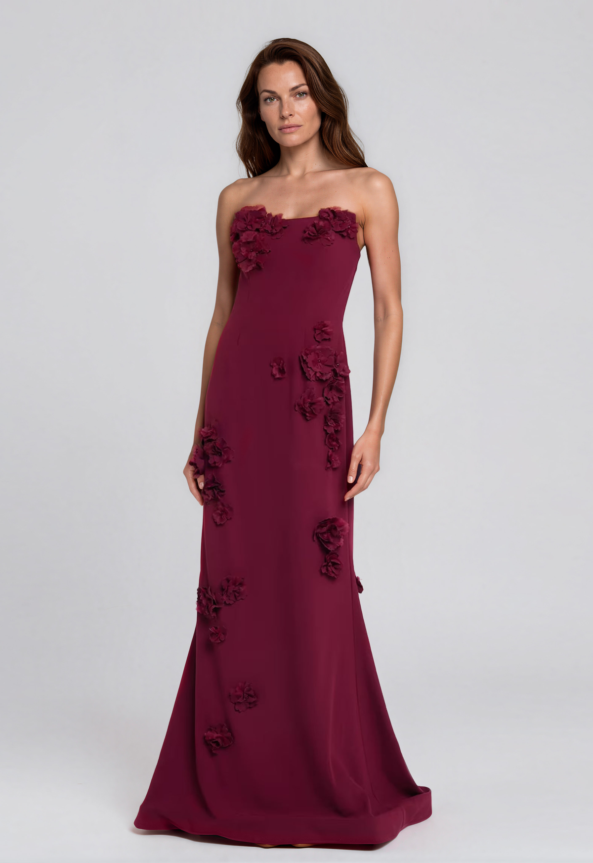 Strapless Crepe 3D Floral Appliqués Fit And Flare Gown Gown Rene Ruiz Collection