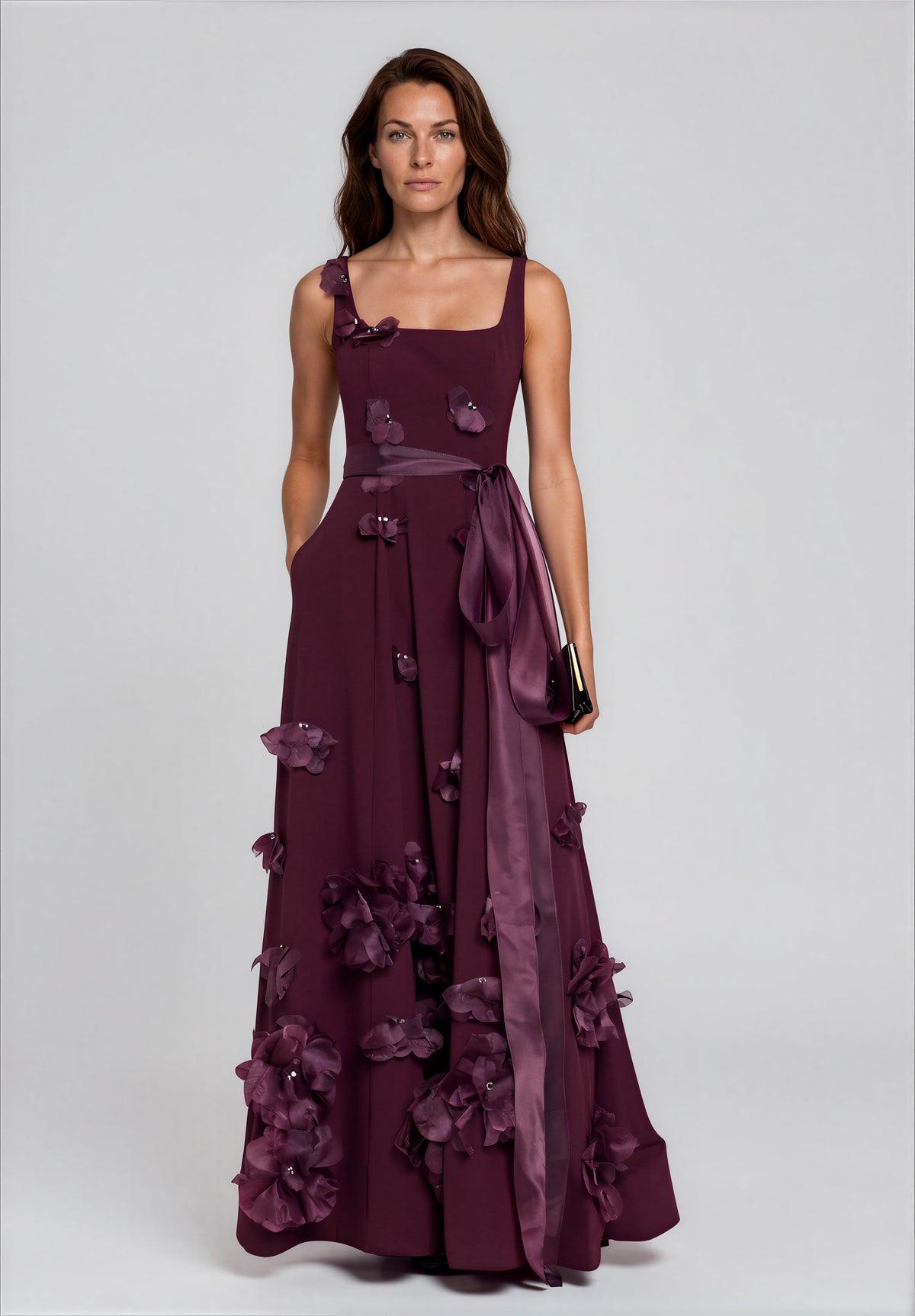 Square-Neck Crepe A-Line Gown with Organza Floral Appliqués and Sash Gown Rene Ruiz Collection