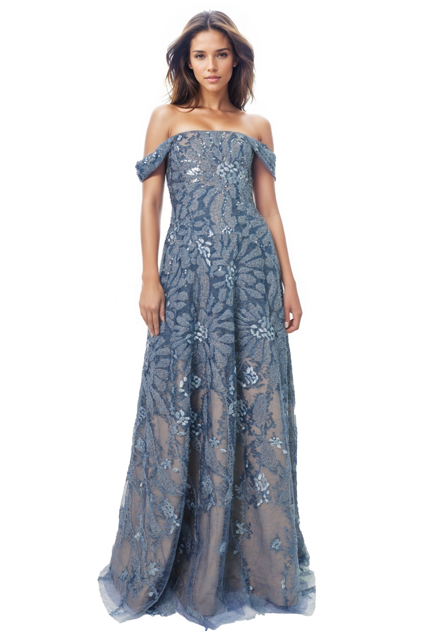 Floral Embroidered Off the Shoulder A-Line Gown Gown Rene Ruiz Collection