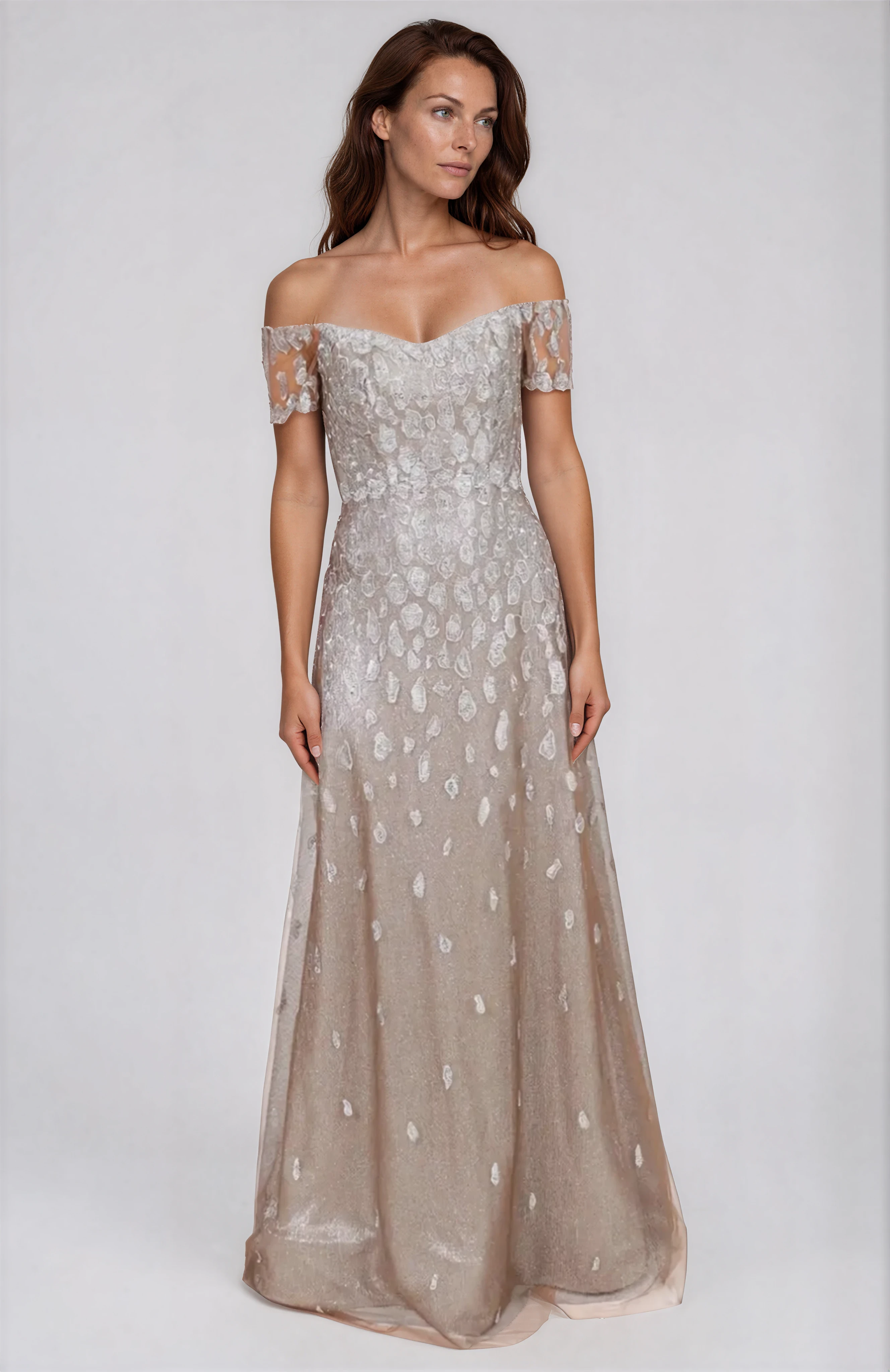 Off The Shoulder A-Line Embroidered Gown Gown Rene Ruiz Collection 0 Champagne
