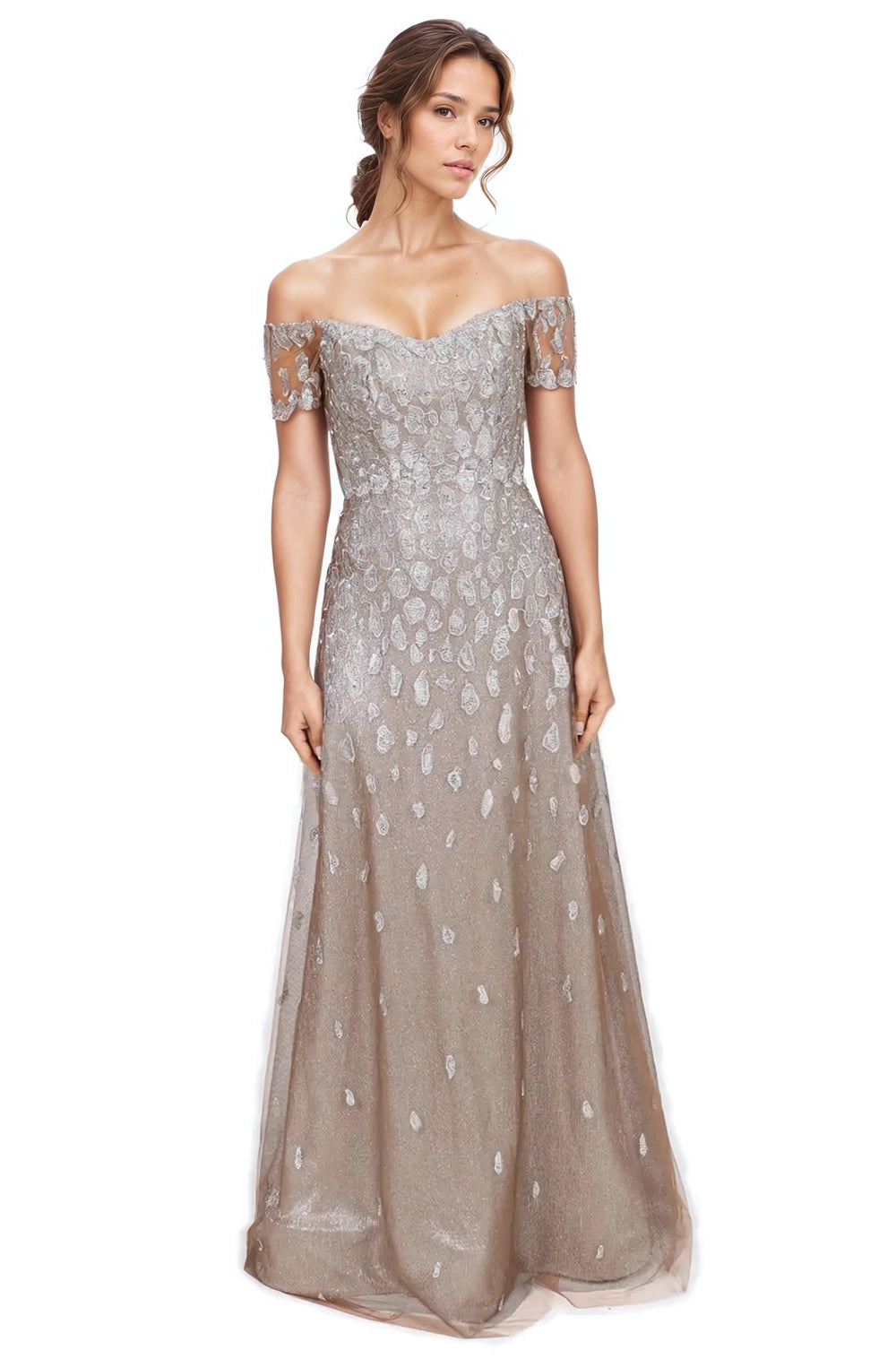 Off The Shoulder A-Line Embroidered Gown Gown Rene Ruiz Collection 0 Champagne