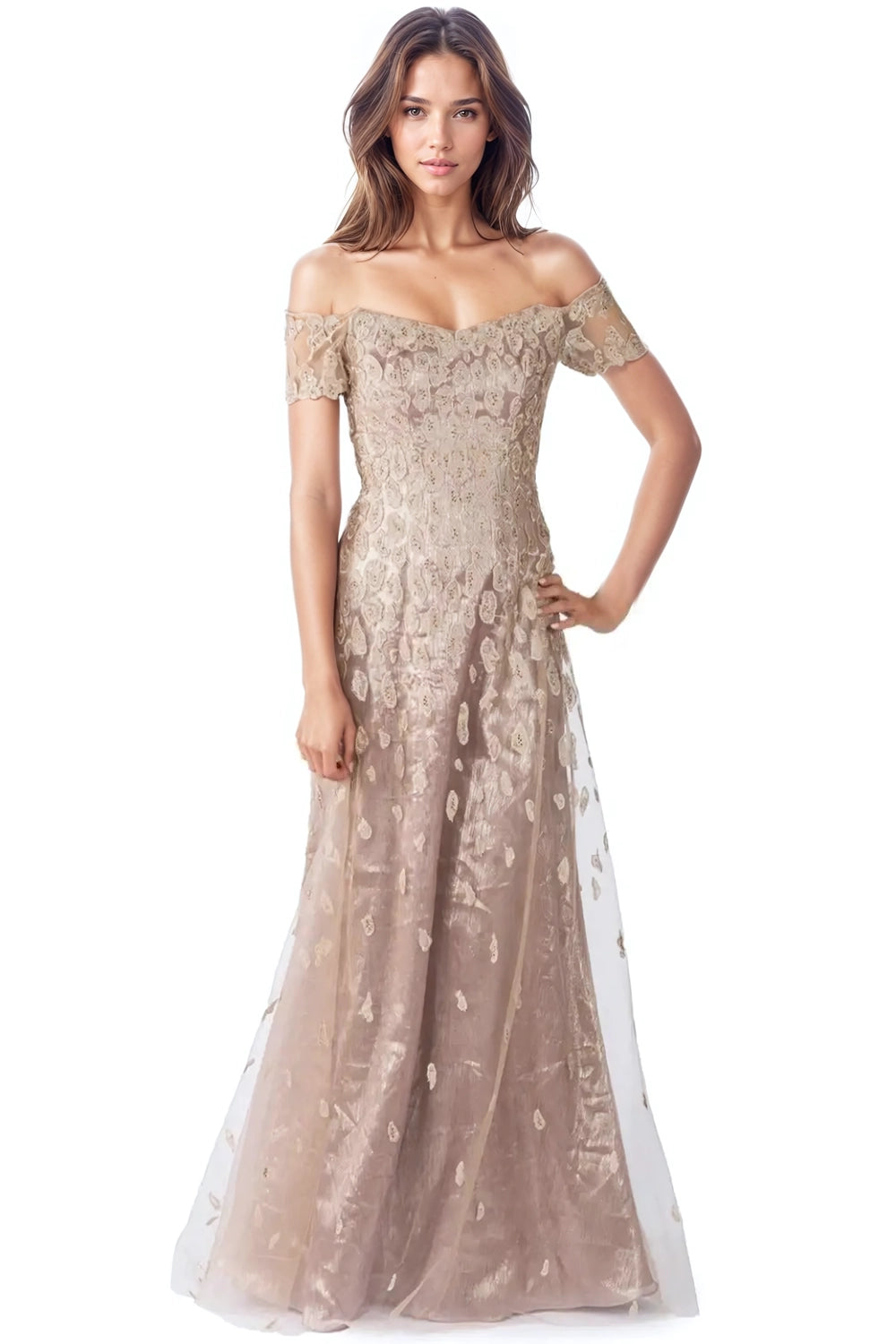 Off The Shoulder A-Line Embroidered Gown Gown Rene Ruiz Collection 0 Gold