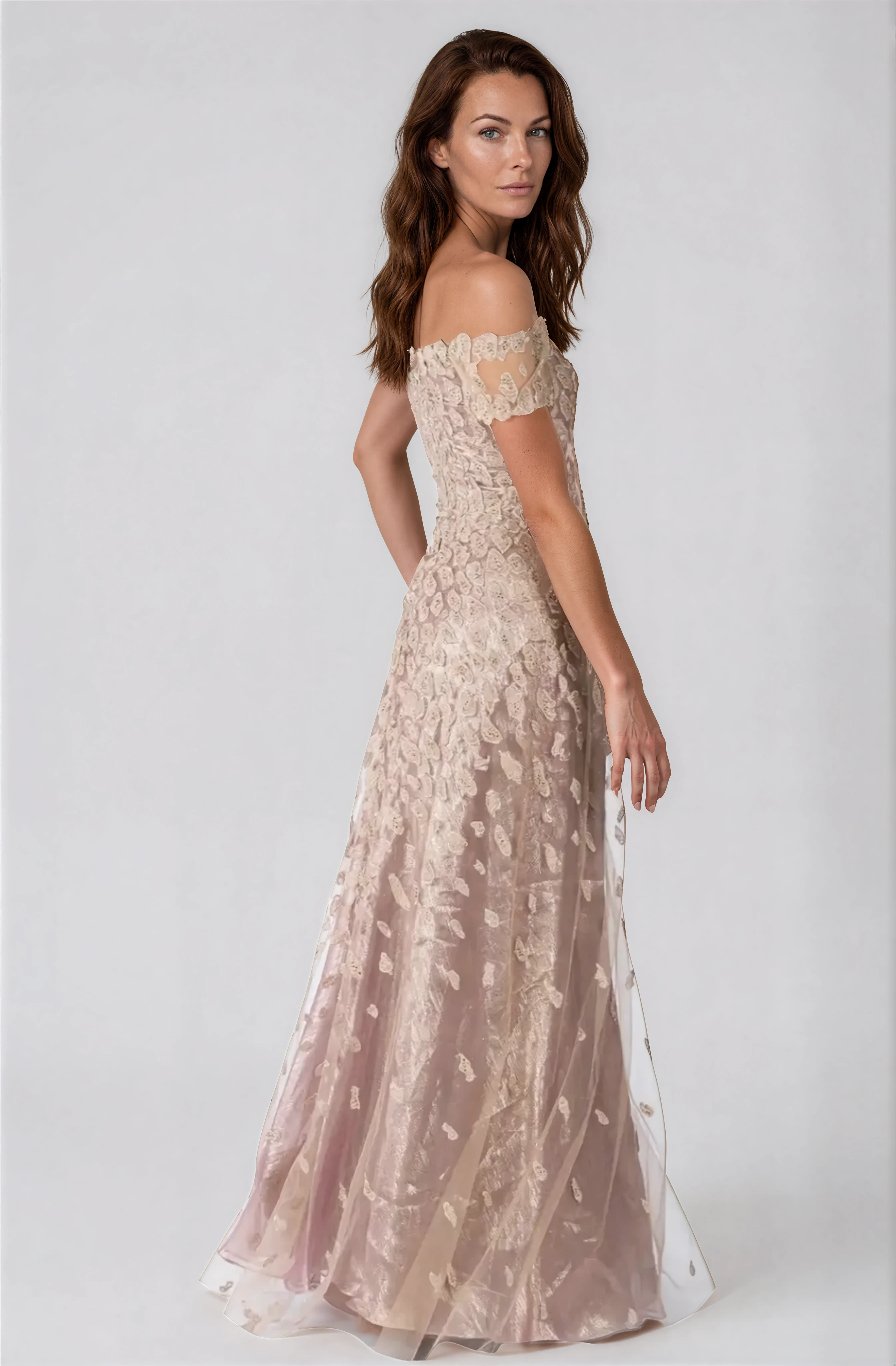 Off The Shoulder A-Line Embroidered Gown Gown Rene Ruiz Collection
