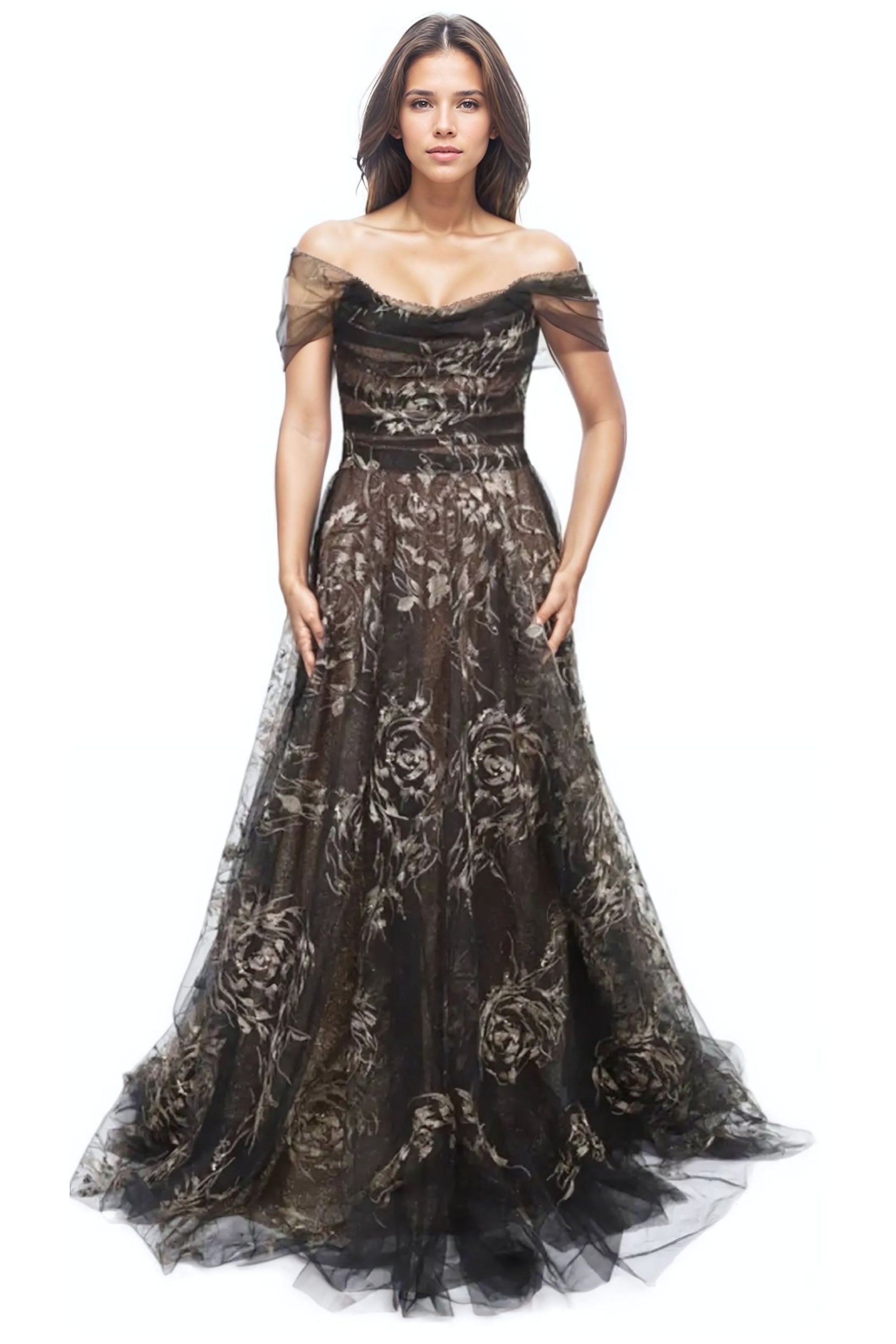 Off The Shoulder Draped A-Line Embroidered Gown Gown Rene Ruiz Collection