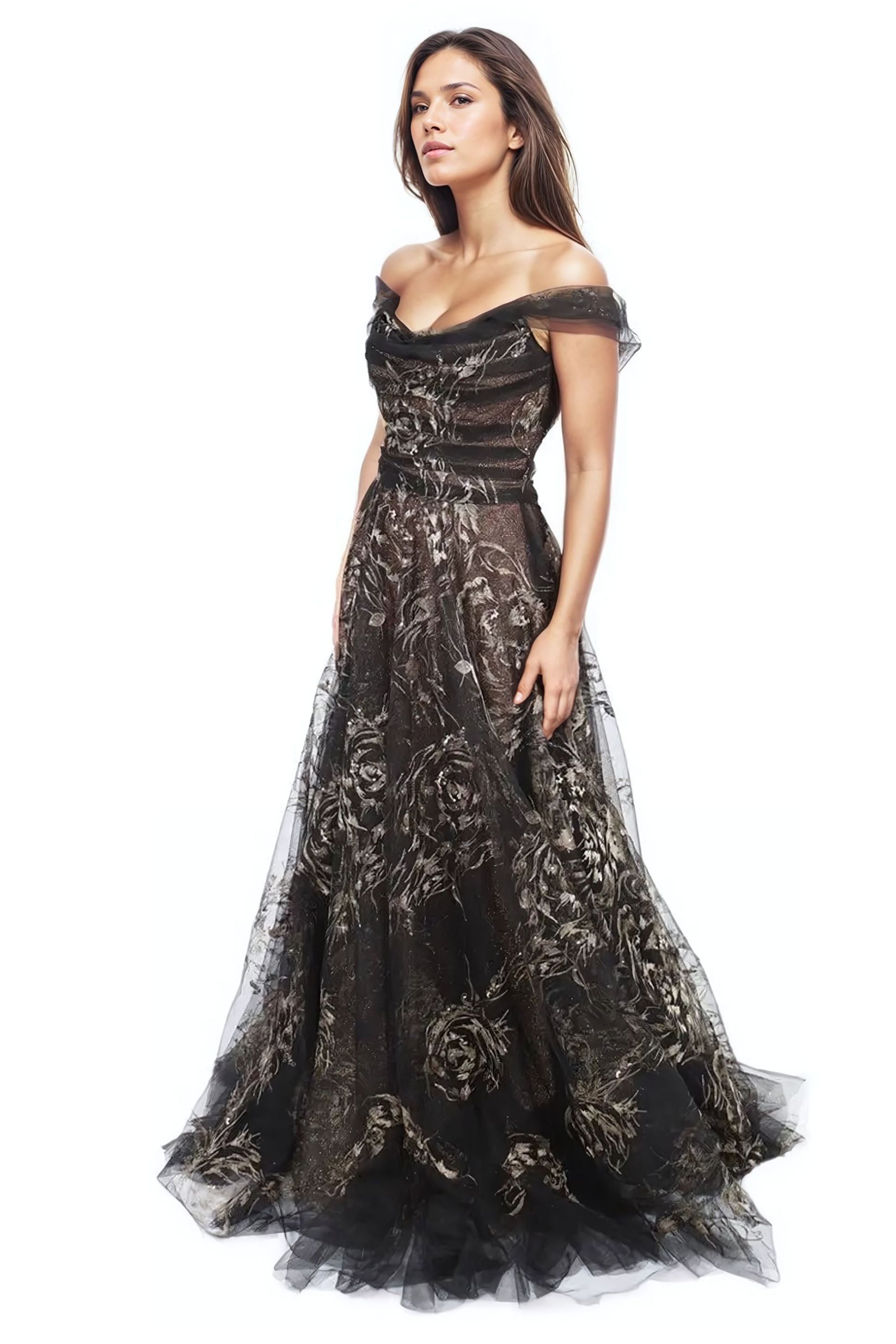Off The Shoulder Draped A-Line Embroidered Gown Gown Rene Ruiz Collection