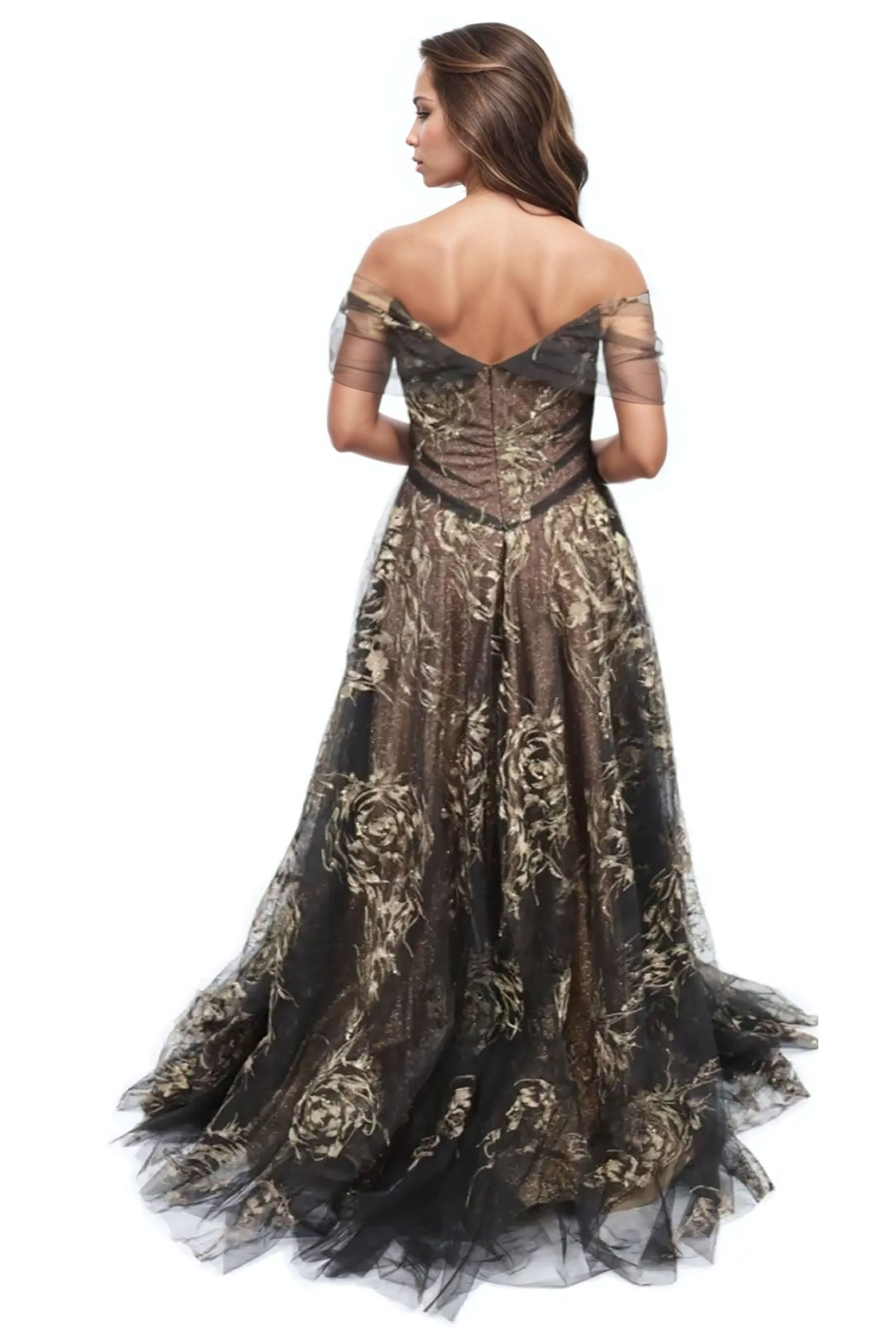 Off The Shoulder Draped A-Line Embroidered Gown Gown Rene Ruiz Collection