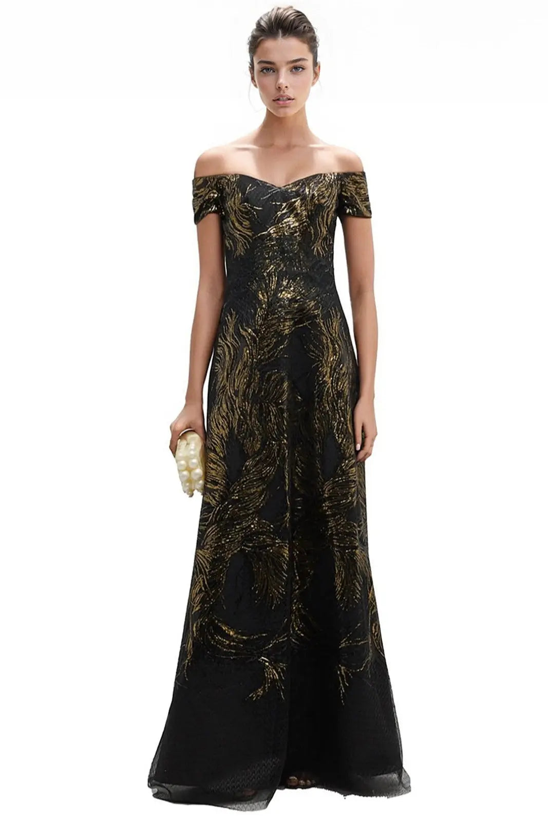 Off The Shoulder Embroidered Sequin Gown - Rene Ruiz Collection - 6 / Black