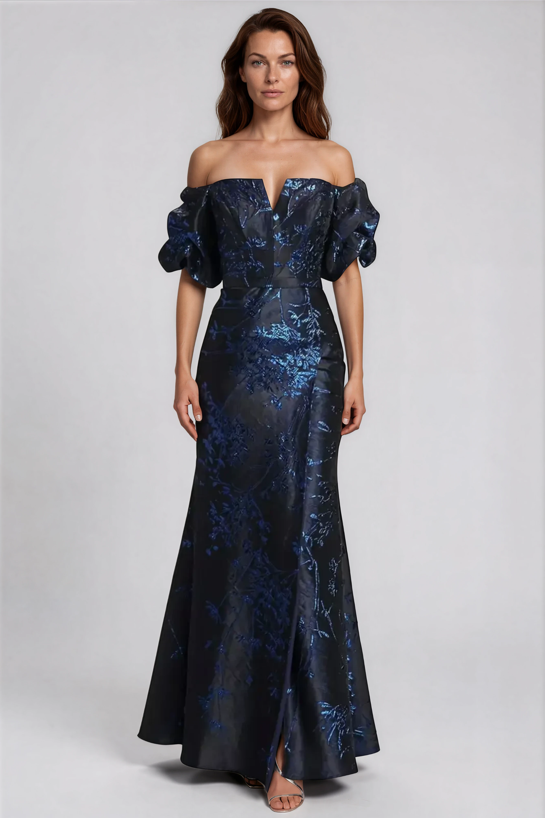 Off The Shoulder Puff Sleeve Brocade Gown Gown Rene Ruiz Collection
