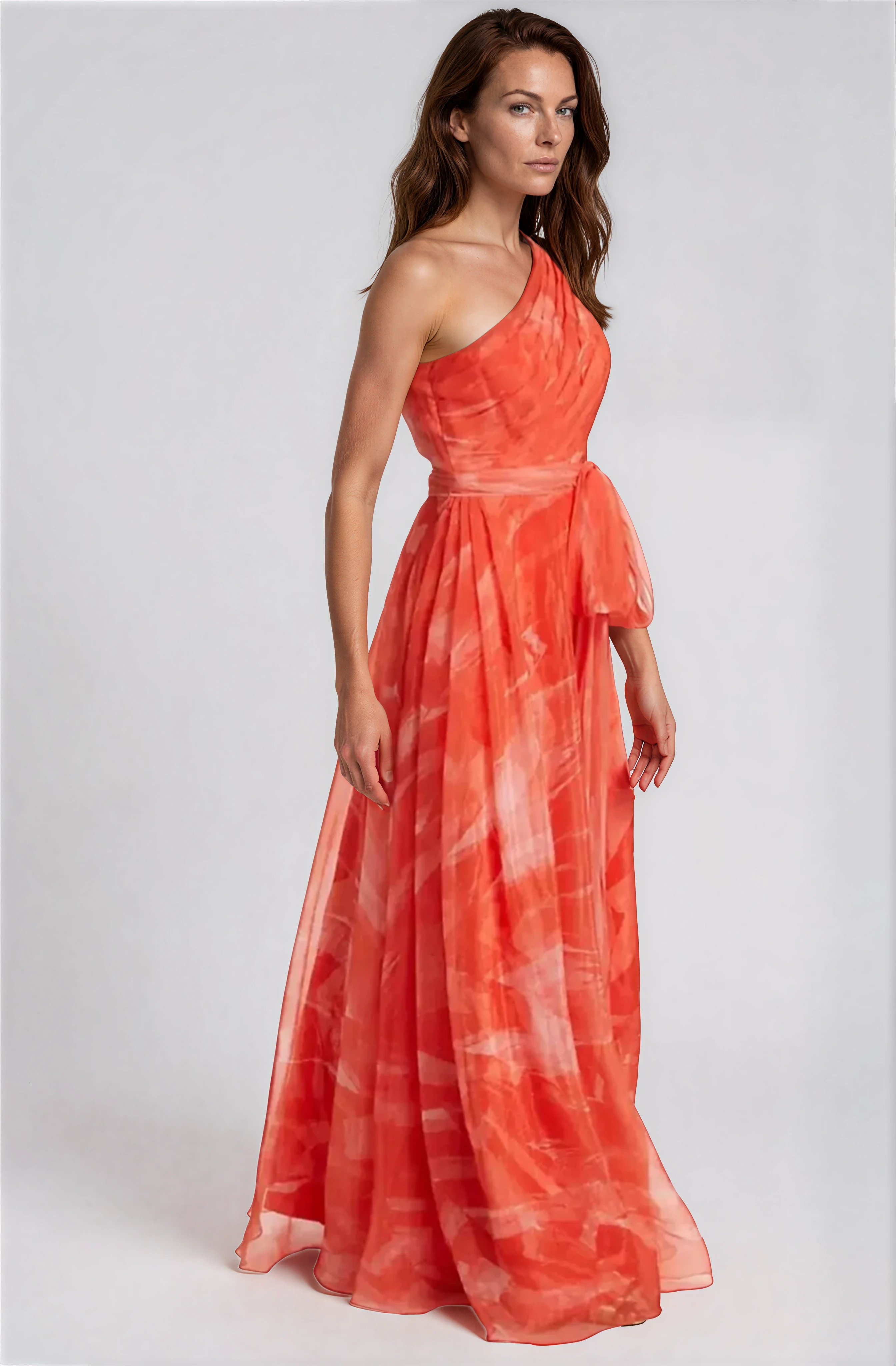 One Shoulder Draped Organza Gown With Belt