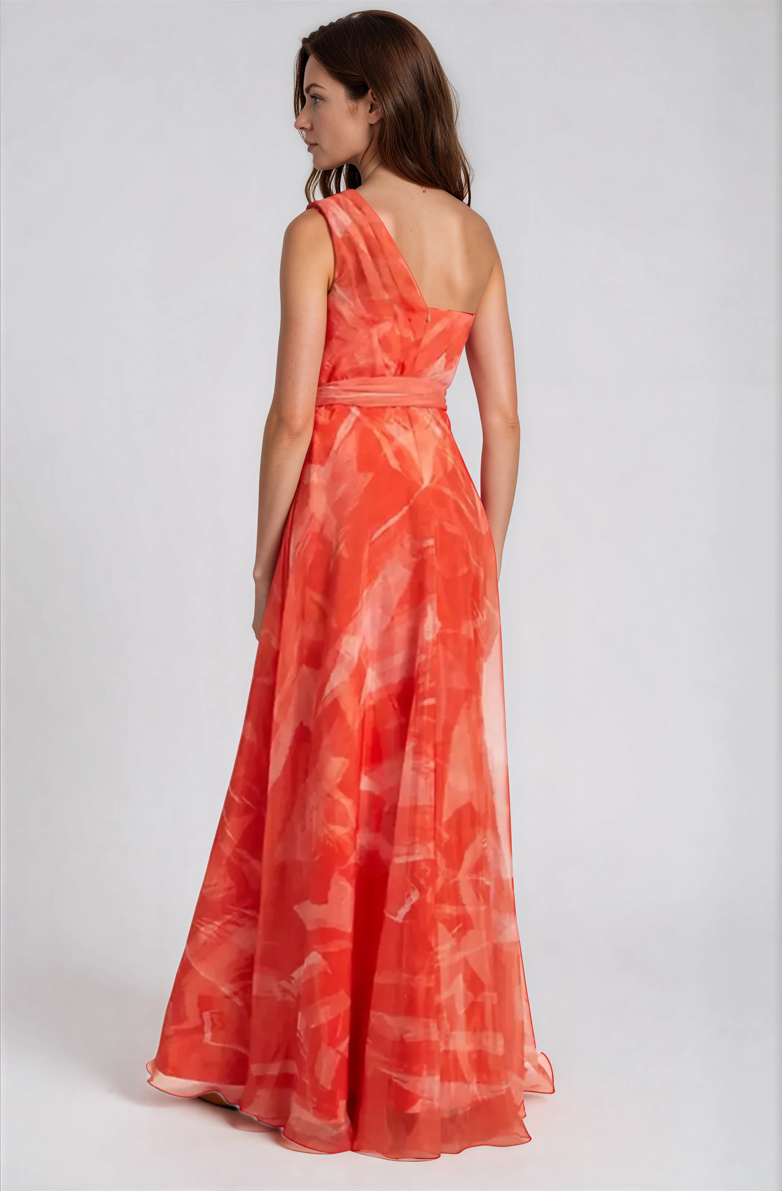 One Shoulder Draped Organza Gown With Belt