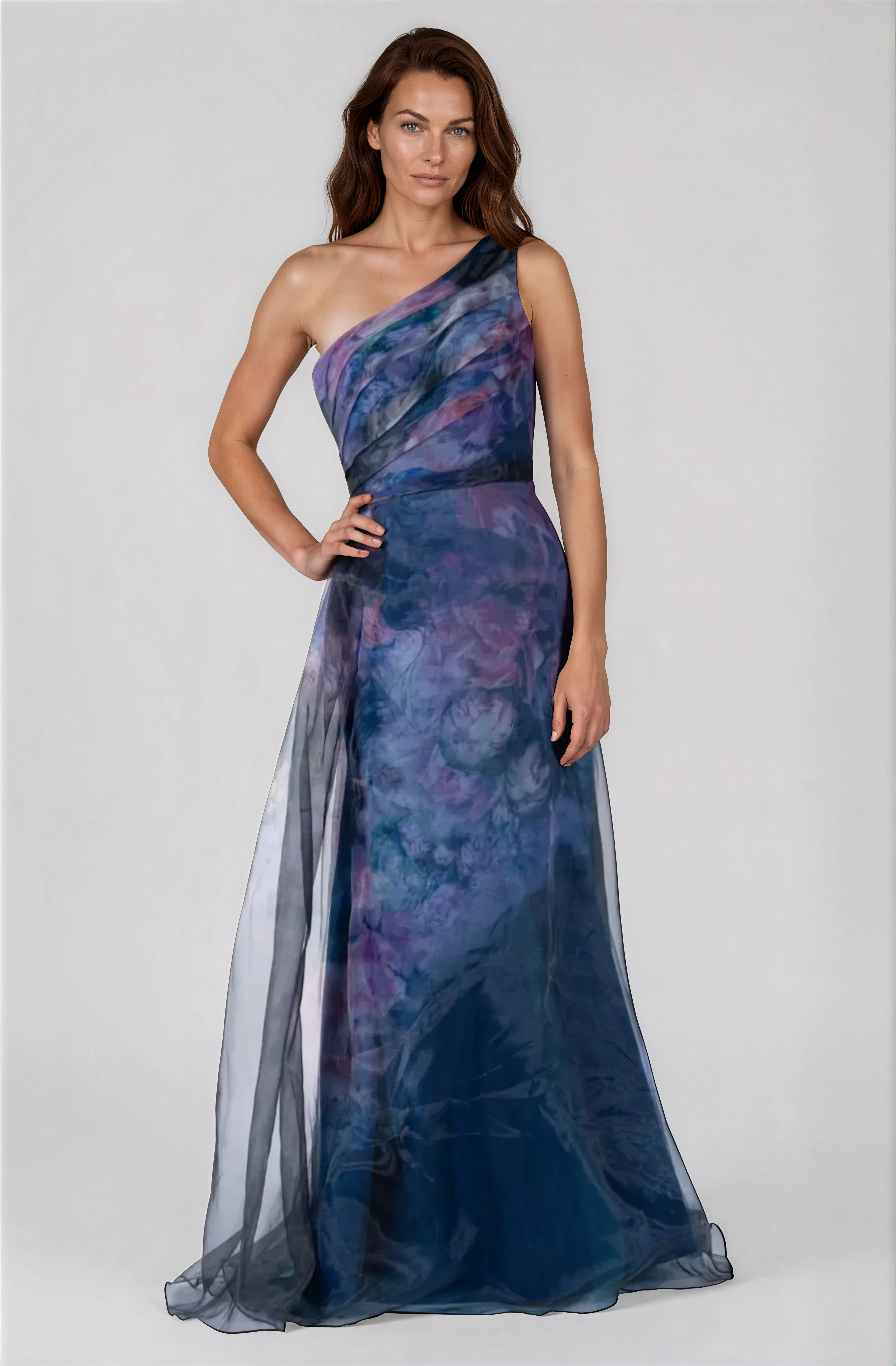 One Shoulder A - Line Organza Gown Gown Rene Ruiz Collection