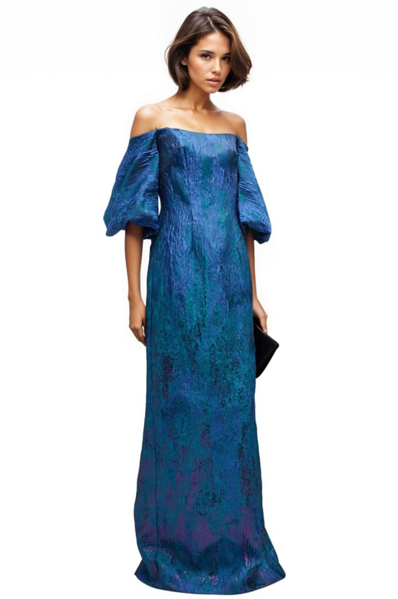 Off The Shoulder Puff Sleeve Gown Gown Rene Ruiz Collection