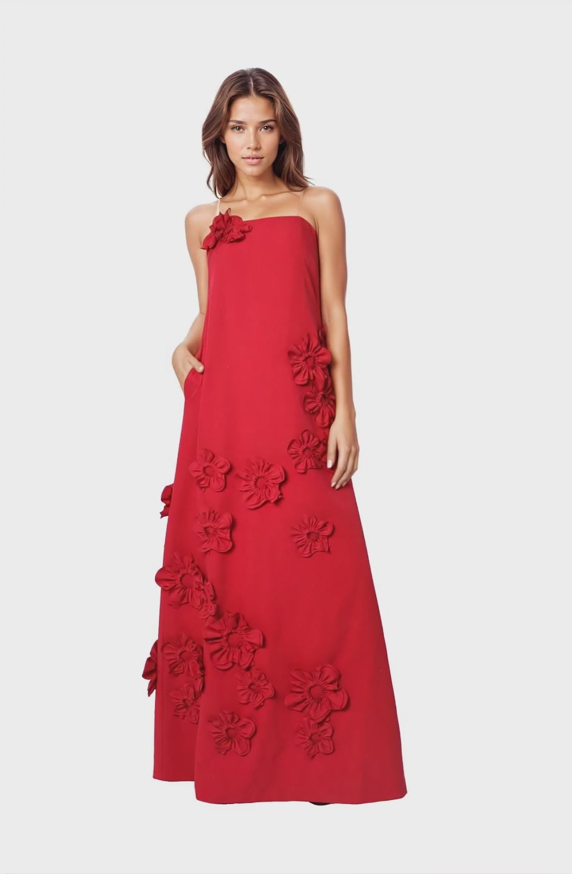 Strapless Floral Appliqué A-Line Crepe Gown Gown Rene Ruiz Collection