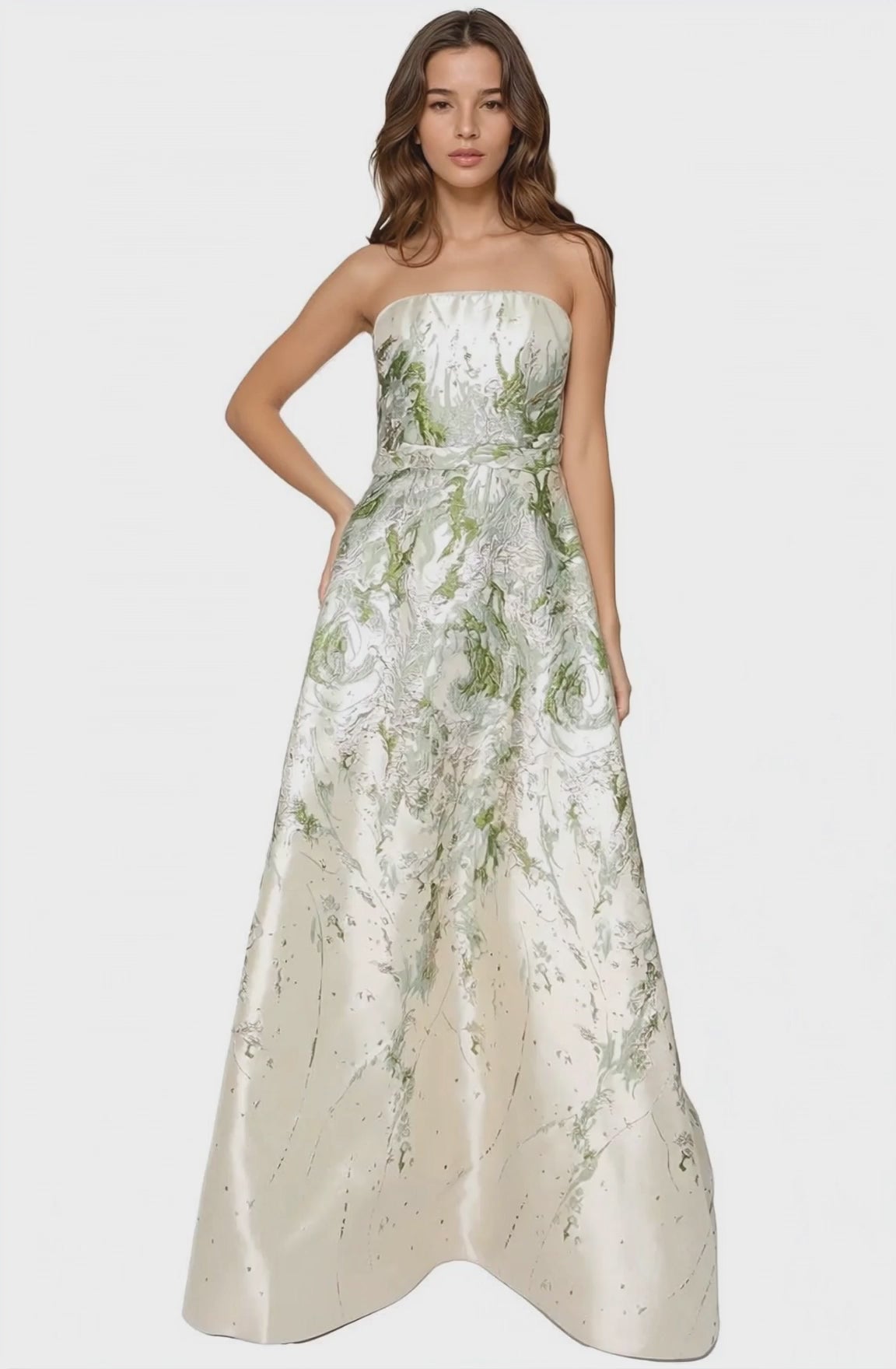 Strapless Boarder Print Brocade A-Line Gown Gown Rene Ruiz Collection