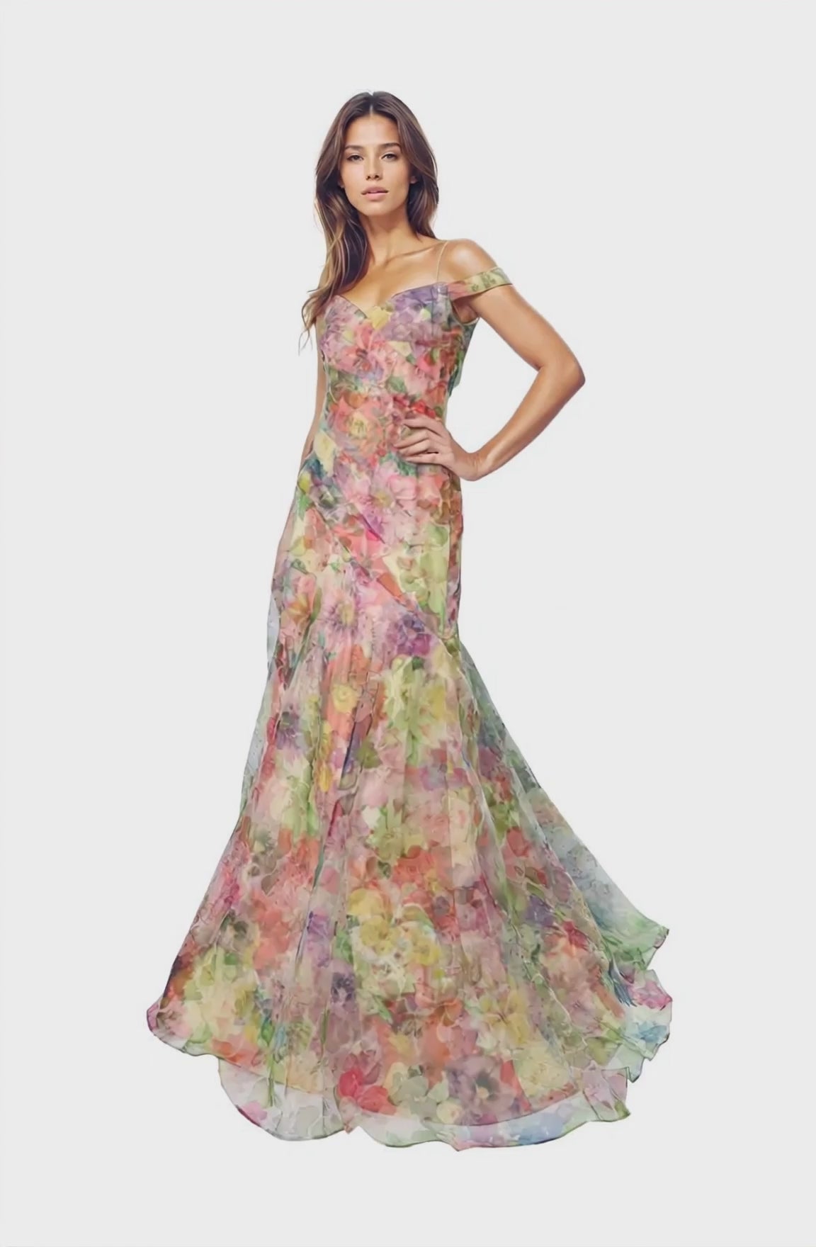 Off The Shoulder Floral Organza A-Line Gown Gown Rene Ruiz Collection