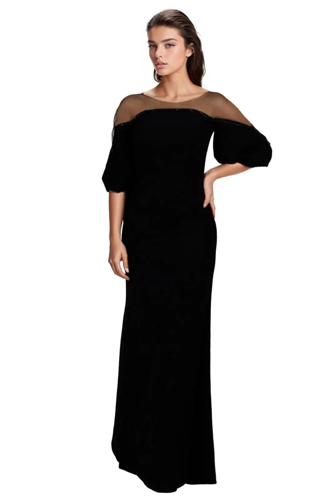 Crepe Column Illusion Gown with Puff Sleeve Black