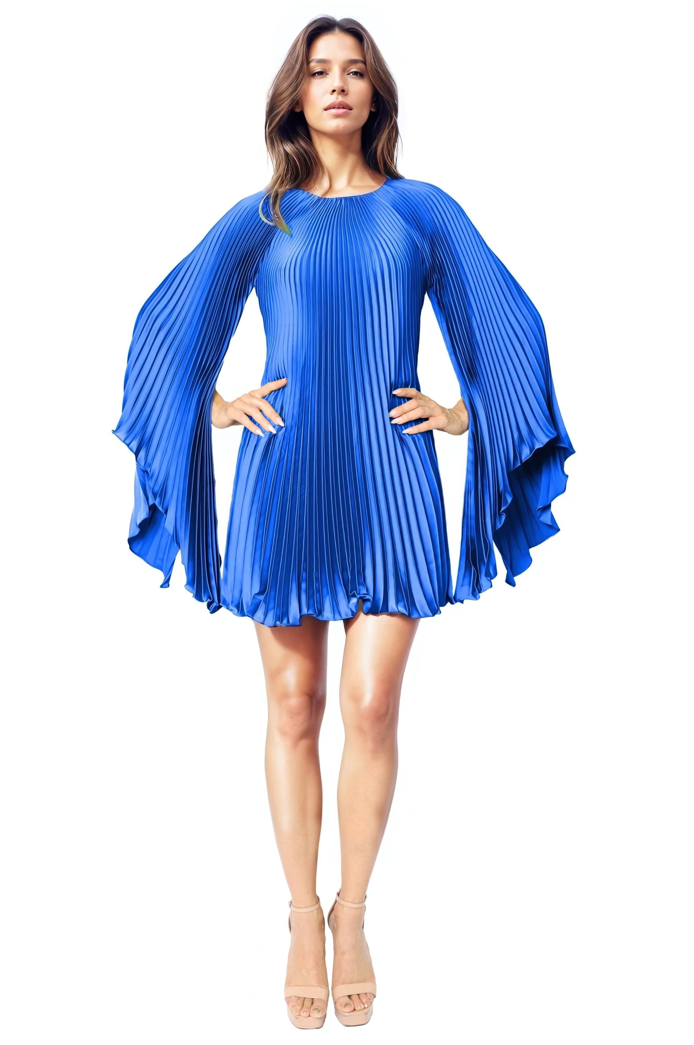 Long Sleeve Pleated Charmeuse Cocktail Cocktail Rene Ruiz Collection