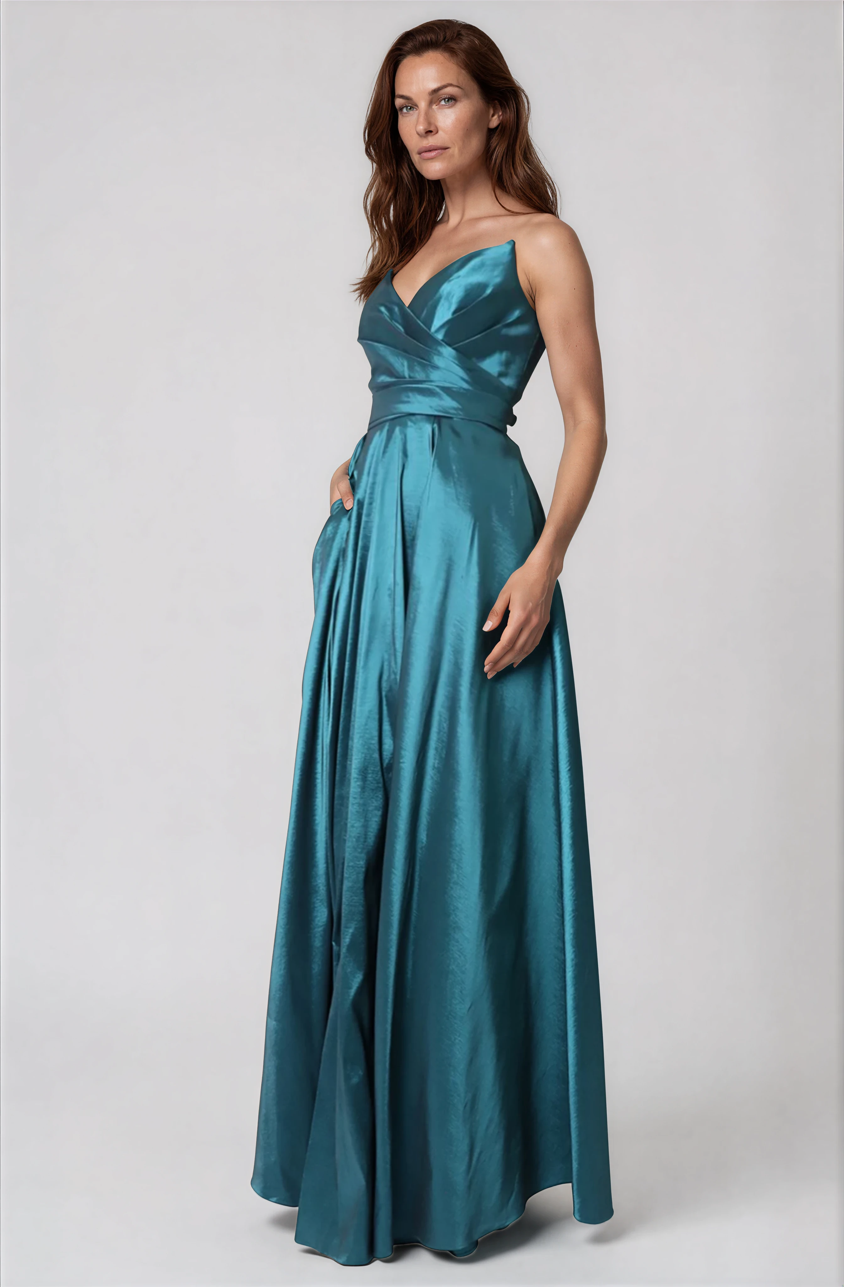 Strapless A-Line Taffeta Gown With Pockets and Slit Gown Rene Ruiz Collection